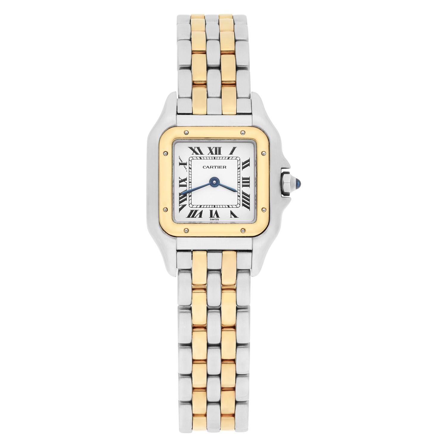 This Cartier Ladies Panthere wristwatch is a luxurious and elegant timepiece. Crafted in 18k yellow gold and stainless steel, it features an off-white dial with Roman numeral indices and a fixed yellow bezel. The watch has a quartz movement. It has