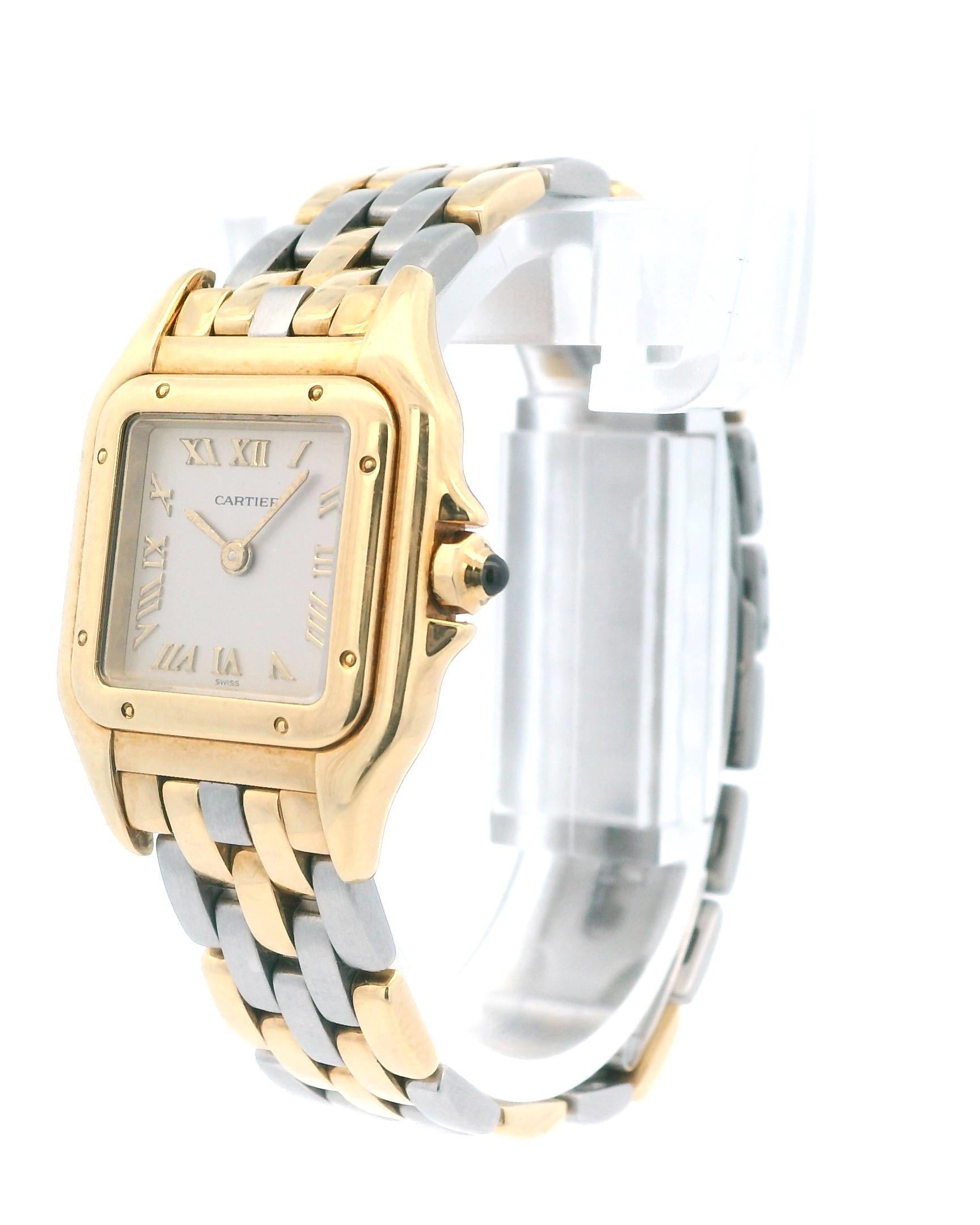 Cartier Panthere W25040L6 / 1070 Ladies Watch. 22mm 18K yellow gold case. 18K yellow gold smooth bezel. Gray dial with gold hands and Roman numeral hour markers. 18k yellow gold & stainless steel V-Link bracelet with hidden butterfly clasp. Will fit