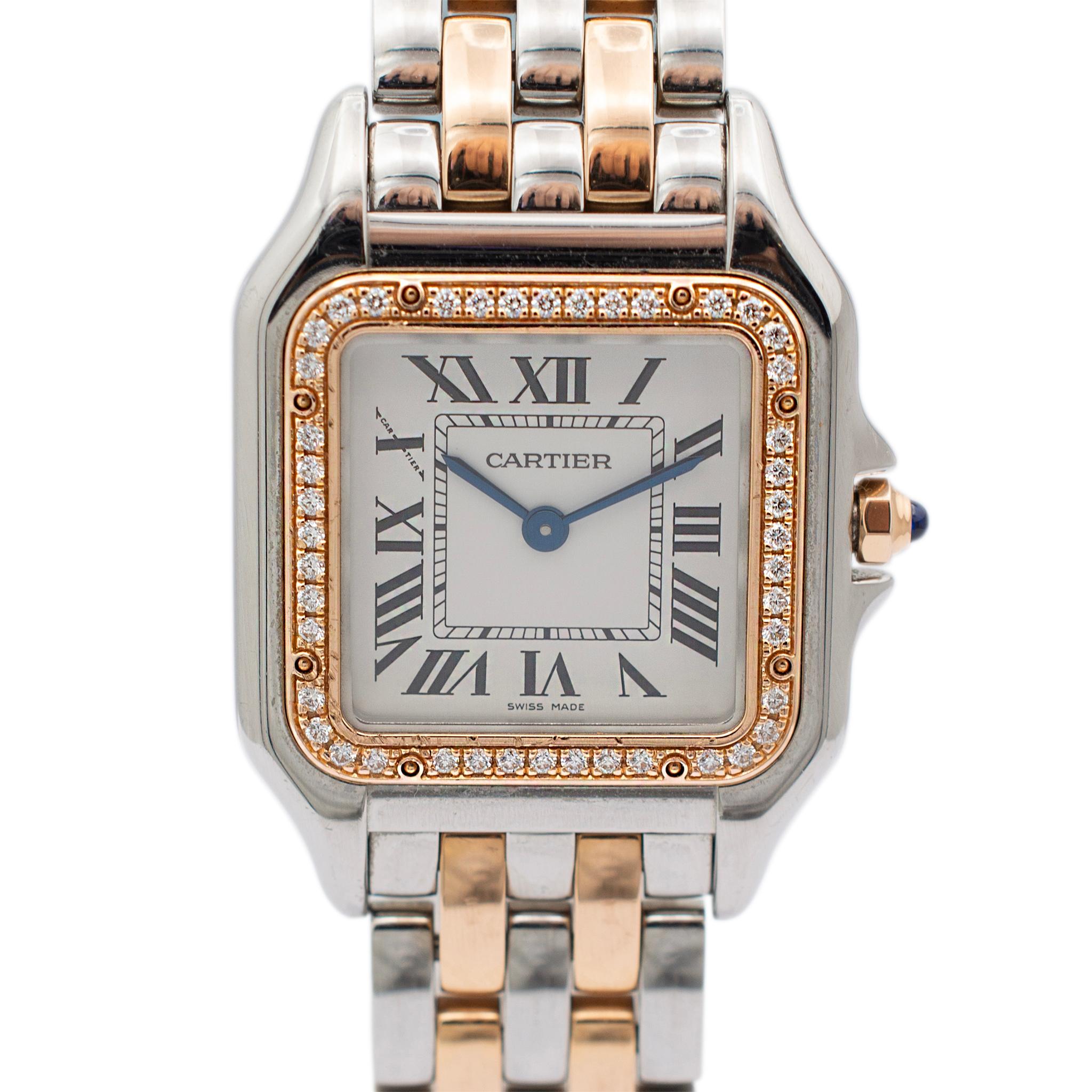 Gender: Ladies

Metal Type: 18K Rose Gold and Stainless Steel

Length: 5.50 inches

Weight: 73.63 grams

One ladies 18K rose gold and stainless steel, diamond Cartier Swiss made watch with original box. The 