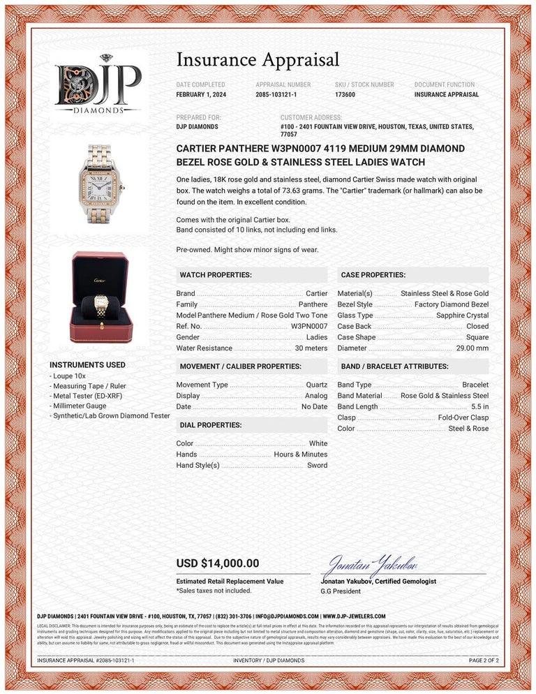 Cartier Panthere W3PN0007 4119 Orologio in oro rosa e acciaio inossidabile  con diamanti 29MM