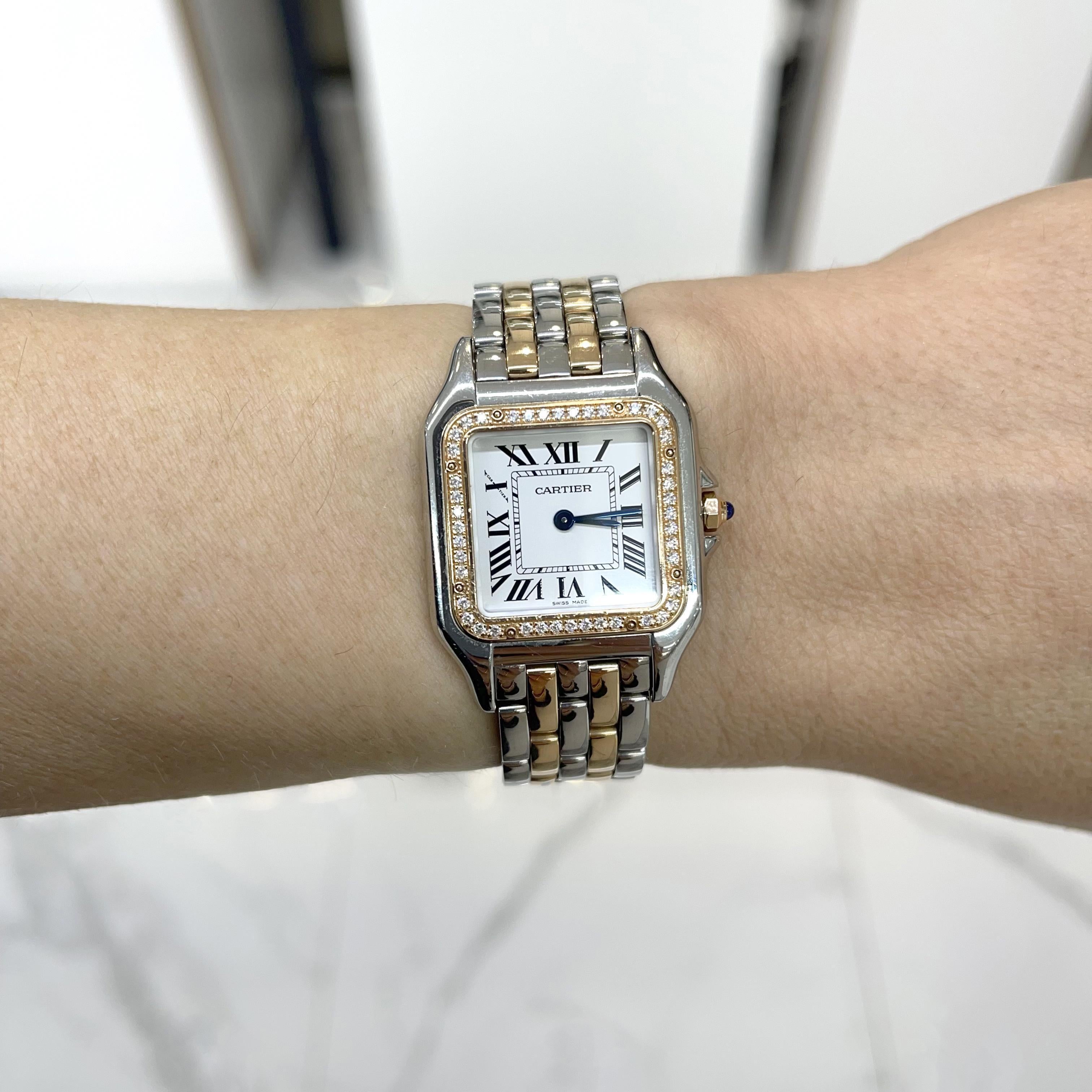Cartier Panthere W3PN0007 4119 29MM Diamond Rose Gold & Stainless Steel Watch In Excellent Condition For Sale In Houston, TX