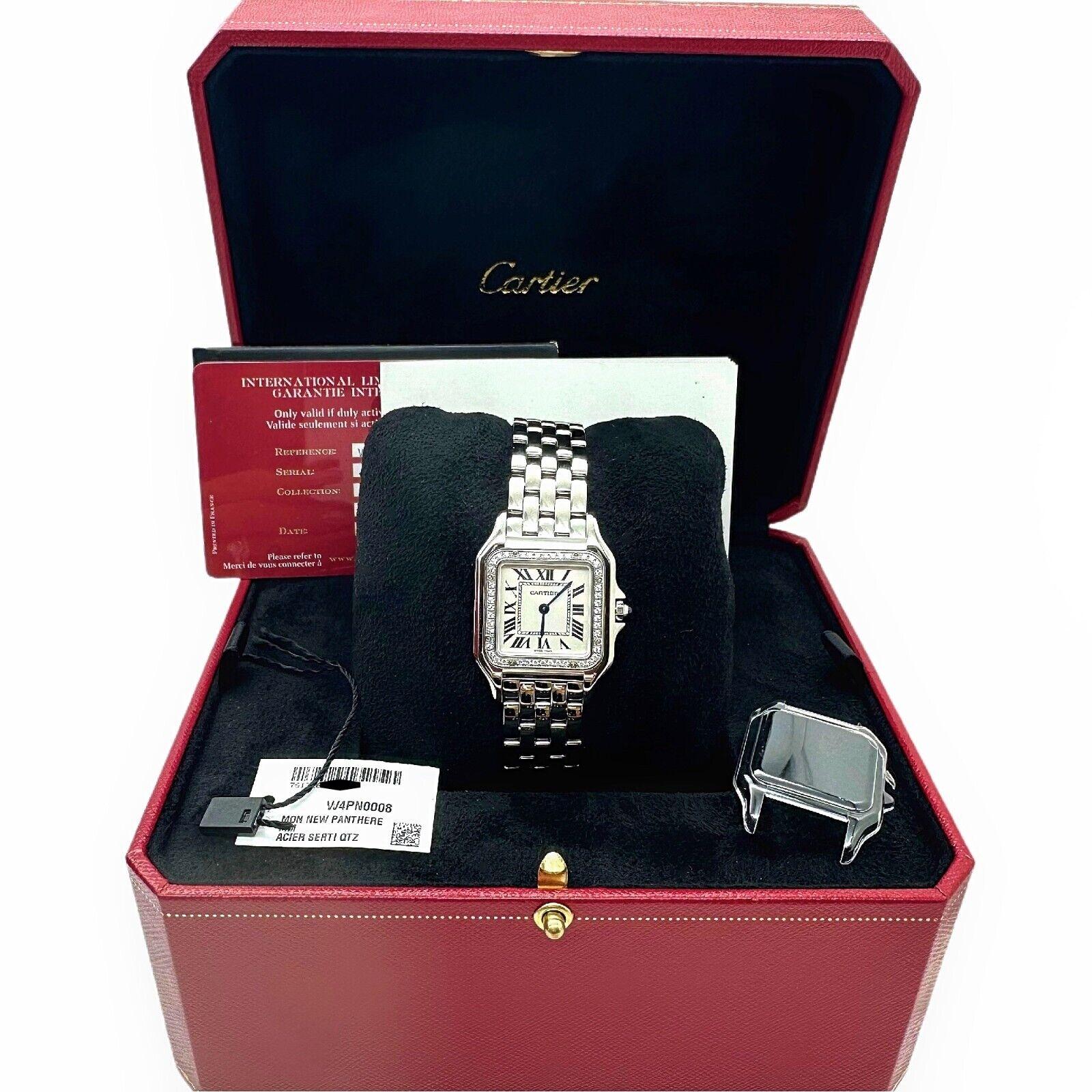 Cartier Panthere W4PN0008 Ref 4016 Diamond Bezel Stainless Steel Box Paper In Excellent Condition For Sale In San Diego, CA