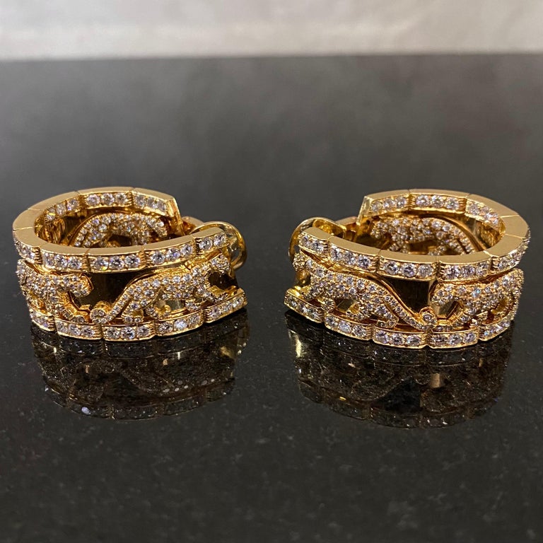 Cartier Panthere Walking Panther Diamond Hoop Earrings Yellow Gold Vintage 1980s For Sale 9
