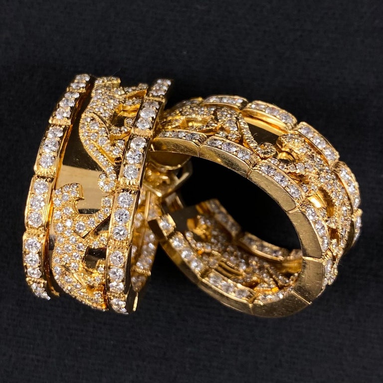 Modern Cartier Panthere Walking Panther Diamond Hoop Earrings Yellow Gold Vintage 1980s For Sale