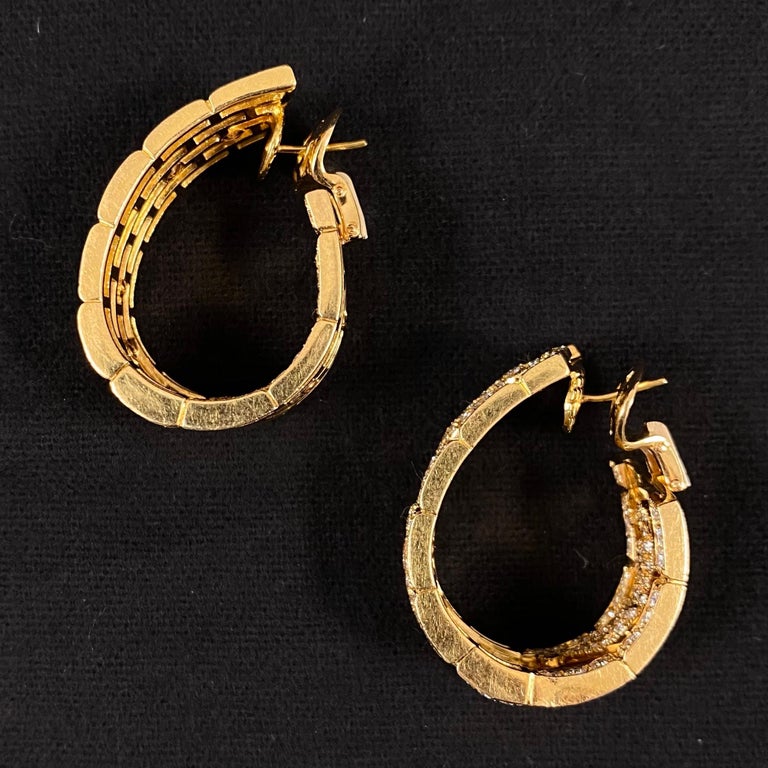 Women's or Men's Cartier Panthere Walking Panther Diamond Hoop Earrings Yellow Gold Vintage 1980s For Sale