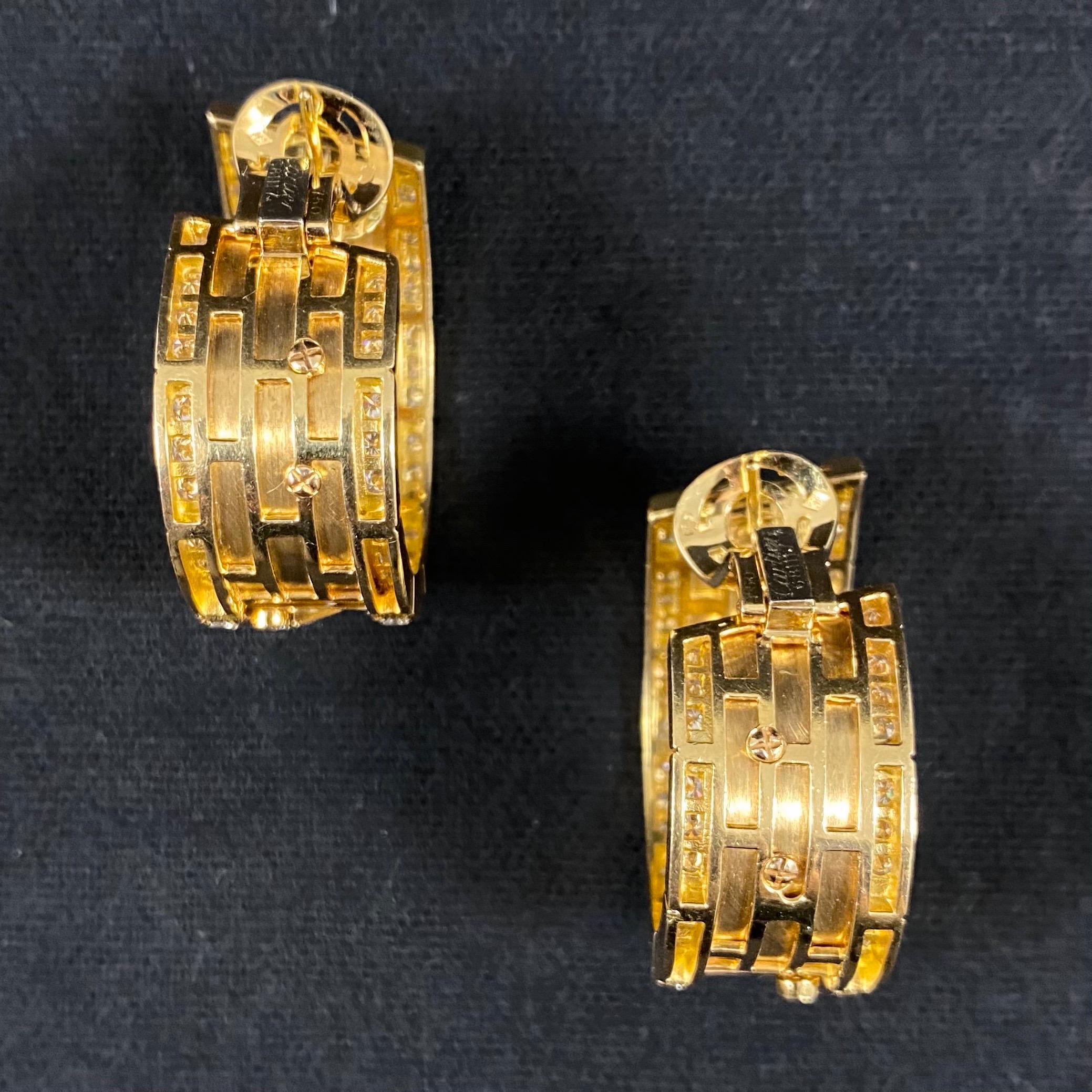 Round Cut Cartier Panthere Walking Panther Diamond Hoop Earrings Yellow Gold Vintage 1980s