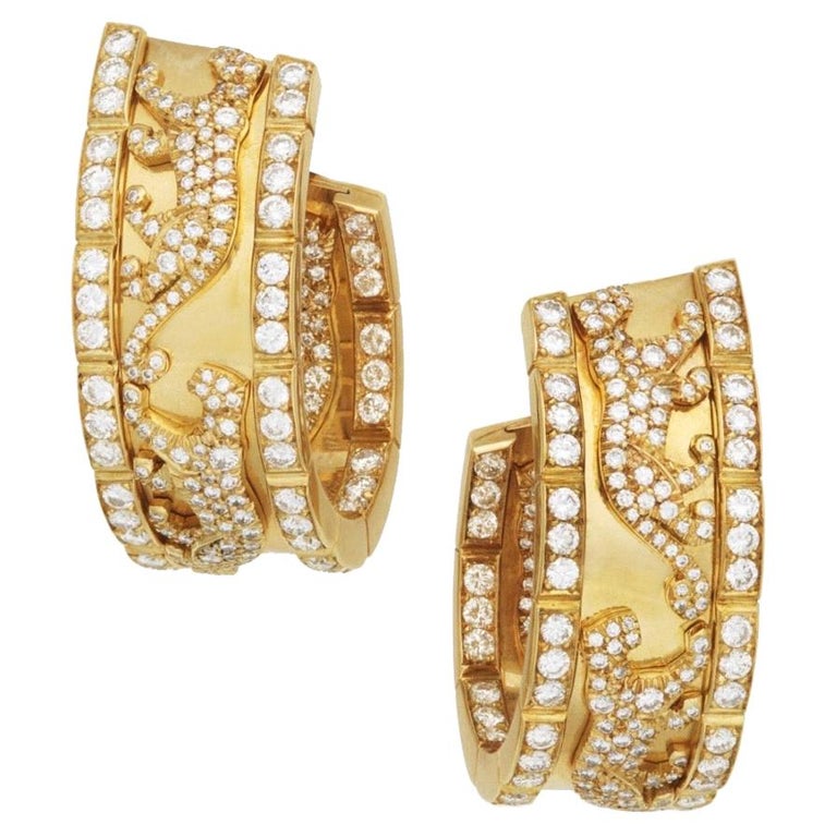 Cartier Panthere Walking Panther Diamond Hoop Earrings Yellow Gold Vintage 1980s For Sale