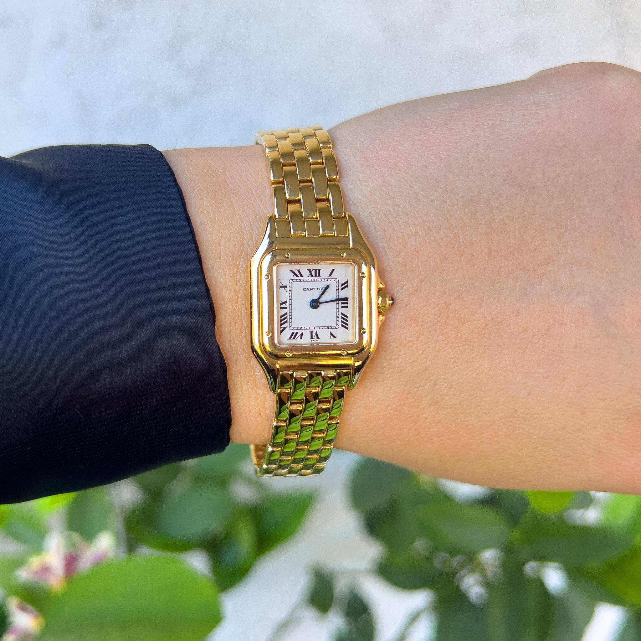 It comes with the Authenticity Certificate by GIA GG/AJP, Cartier Travel Pouch
Brand: Cartier
Model: Panthere de Cartier
Reference Number: 1070
Movement: Quartz
Functions:  Time
Case Material: 18K Yellow Gold
Case Size: 22 x 30 mm
Bracelet: 18K