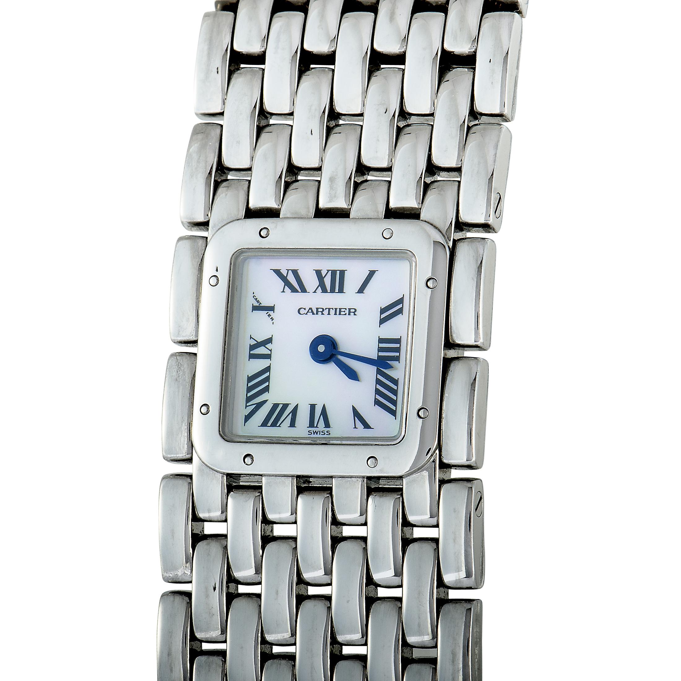 This is the Panthère watch by Cartier, reference number 2420.

The watch is water-resistant and made of stainless steel. The mother of pearl dial with Roman numerals features central hours and minutes. The watch is powered by a quartz