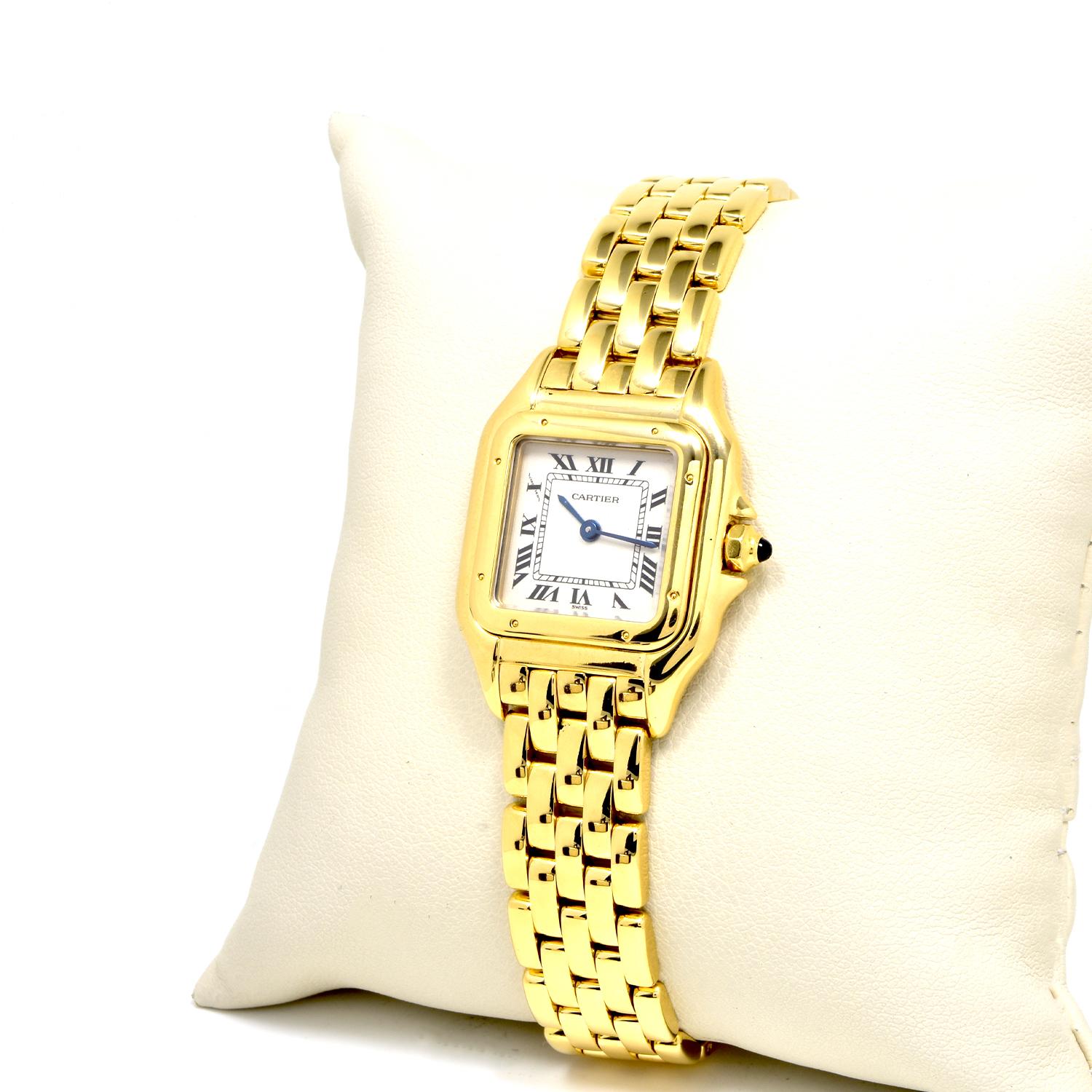 Brand: Cartier

Collection: Panthere

Case: 22mm 18k Yellow Gold Case

Dial: White Dial with Roman Numeral Index markers

Weight: 64.8 grams

Bracelet Size: 15.3 cm

Accessories: 

Brilliance Jewels 24 month warranty

Cartier