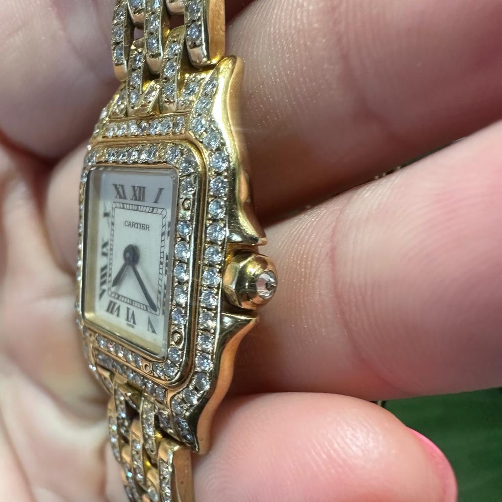 Modern Cartier Panthere Watch in 18k Yellow Gold with Custom Pave Diamonds