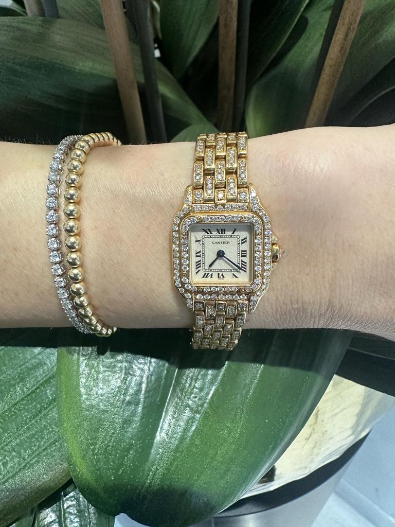 Round Cut Cartier Panthere Watch in 18k Yellow Gold with Custom Pave Diamonds
