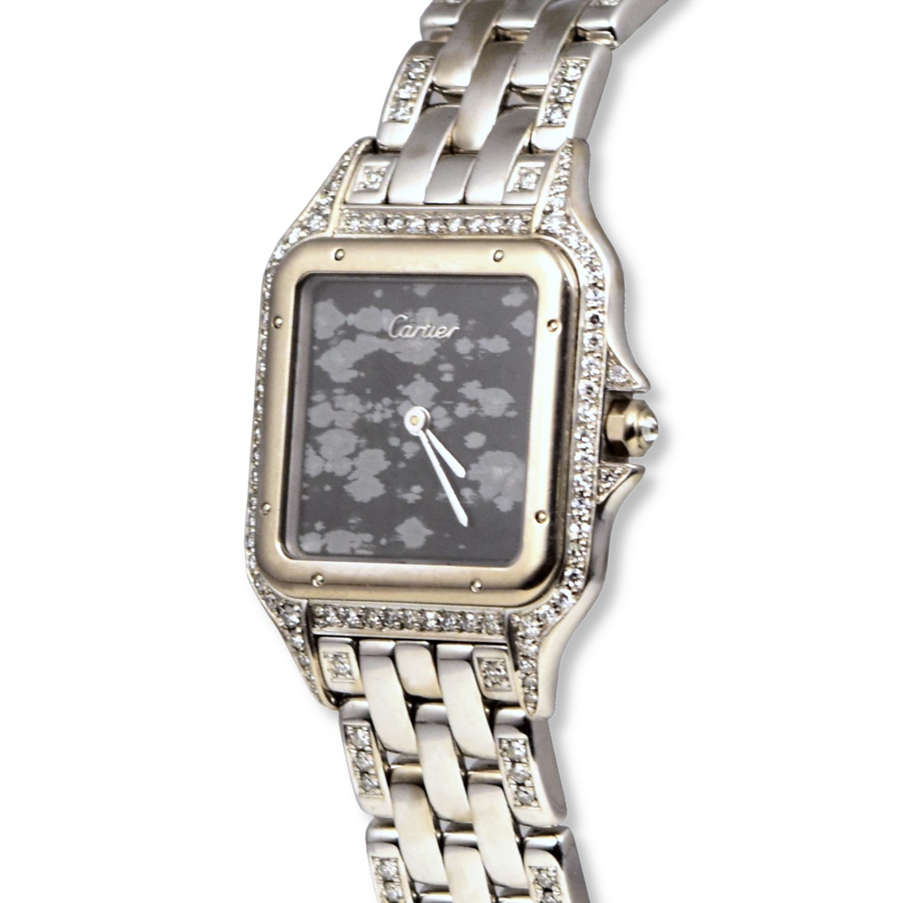 Brand: Cartier

Model: Panthere

Movement: Quartz

Case Size: 31 mm

Case Material: 18k White Gold

Bracelet Material: 18k White Gold 

Crystal: Scratch-Resistant Sapphire Glass

Dial:  Grey and Black Marble 

Includes: 24 Month Brilliance Jewels