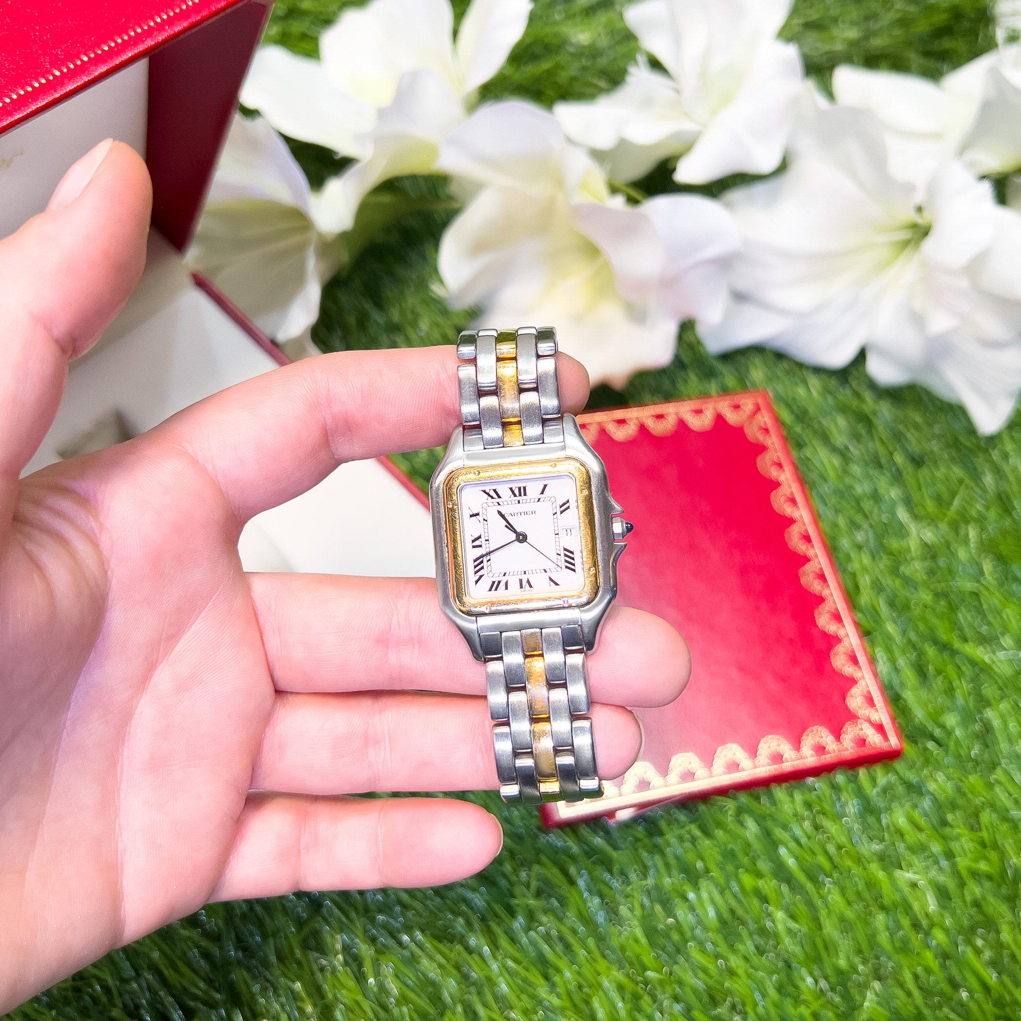 It comes with the Authenticity Certificate by GIA GG/AJP, Original Papers, Cartier Travel Pouch
Brand: Cartier
Model: Panthere de Cartier
Reference Number: 5435
Movement: Quartz
Functions: Date, Time
Case Material: Gold, Steel
Case Size: 29 x 40