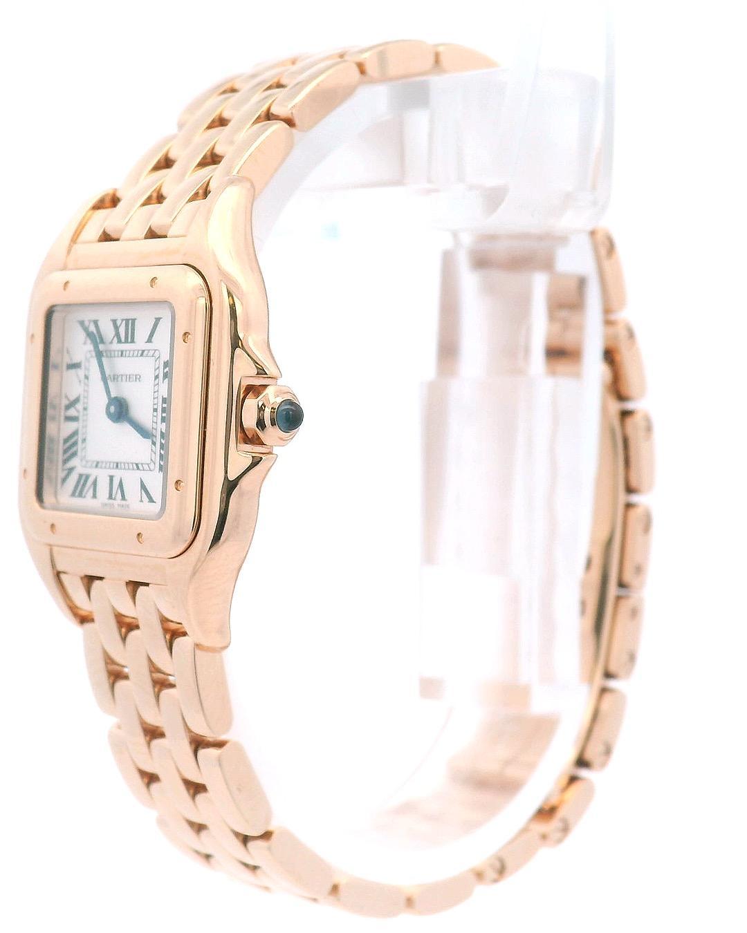 Cartier Panthere WGPN0040 small new style model. 18K rose gold case with bezel. White dial with black Roman numeral hour marker and inner minute markers. 18K rose gold bracelet with hidden butterfly buckle that fits to 6.25-inch wrist size. Quartz
