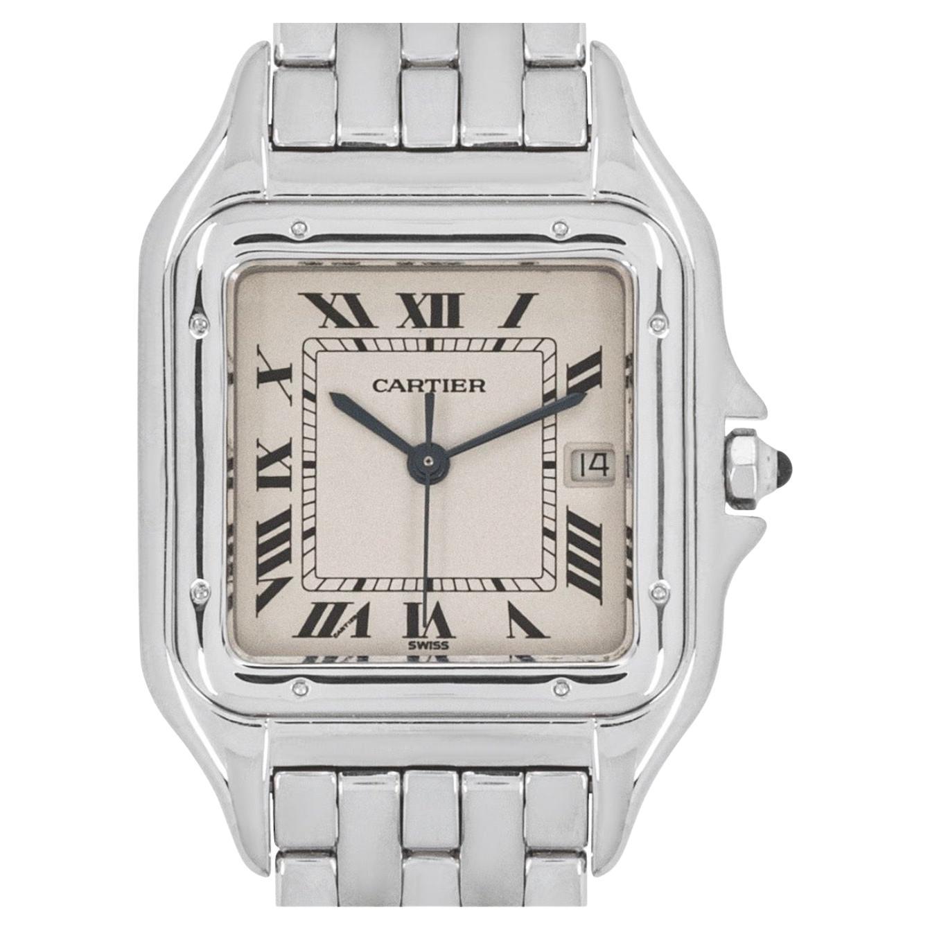 An 18k white gold Panthere wristwatch. Featuring a silver dial with roman numerals and a secret signature at 