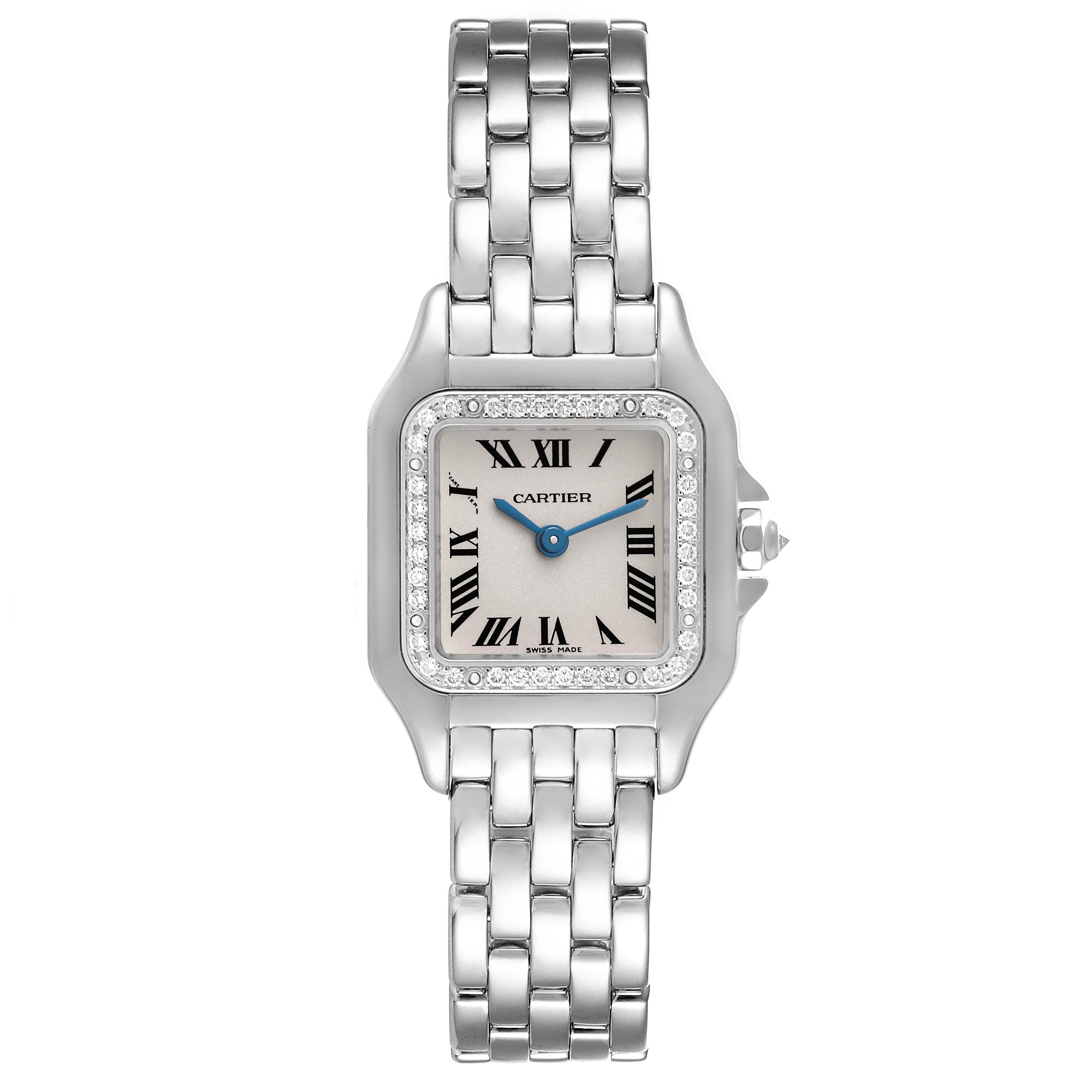 Cartier Panthere White Gold Diamond Bezel Ladies Watch WF3091F3. Quartz movement. 18k white gold case 22.0 x 22.0 mm (28.0 including the lugs). Octagonal crown set with an original Cartier factory diamond. 18k white gold original Cartier factory