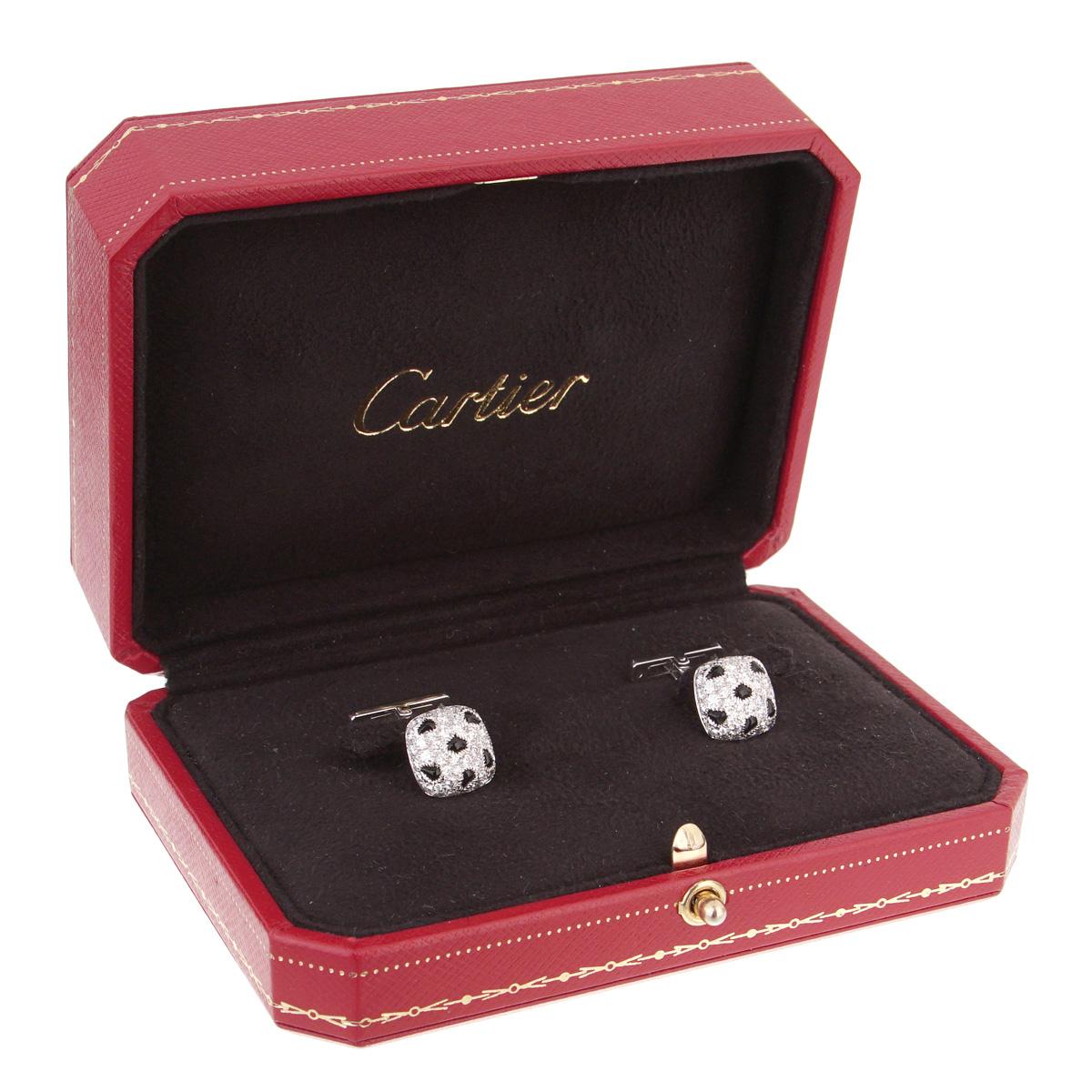 Boutons de manchette Panthère en or blanc et onyx avec diamants de Cartier Excellent état à Feasterville, PA
