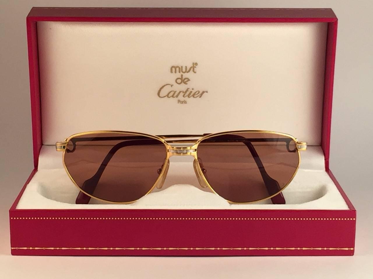 Brown Cartier Panthere Windsor 55mm Cat Eye Sunglasses 18K Heavy Plated France
