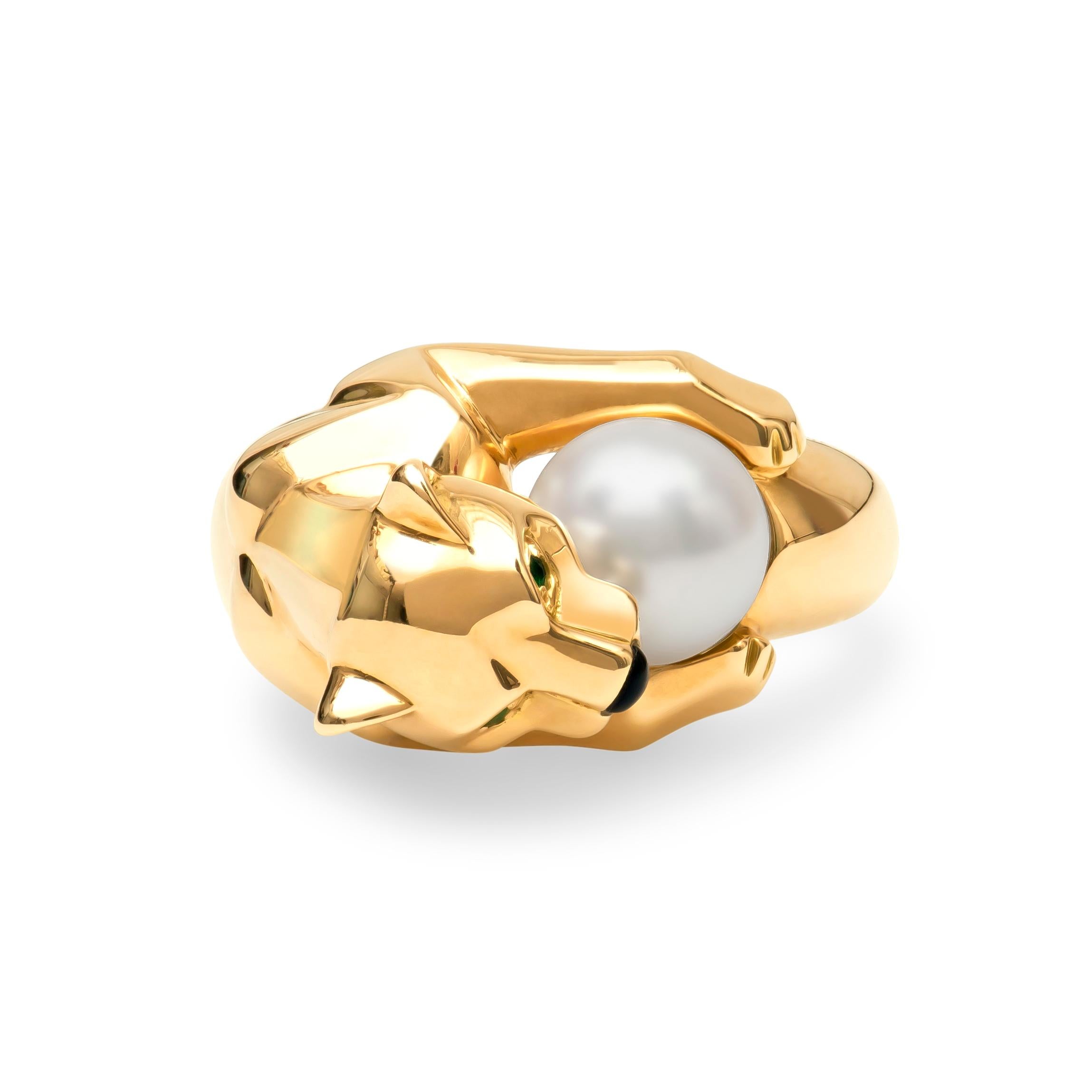 Brand: CARTIER 

Model: PANTHERE

Gender:  WOMENS 

Metal: 18k YELLOW GOLD

Stones: EMERALD &  PEARL.

Ring Size: 52

Hallmark: Cartier 750 52

Cartier Retail: $11,000