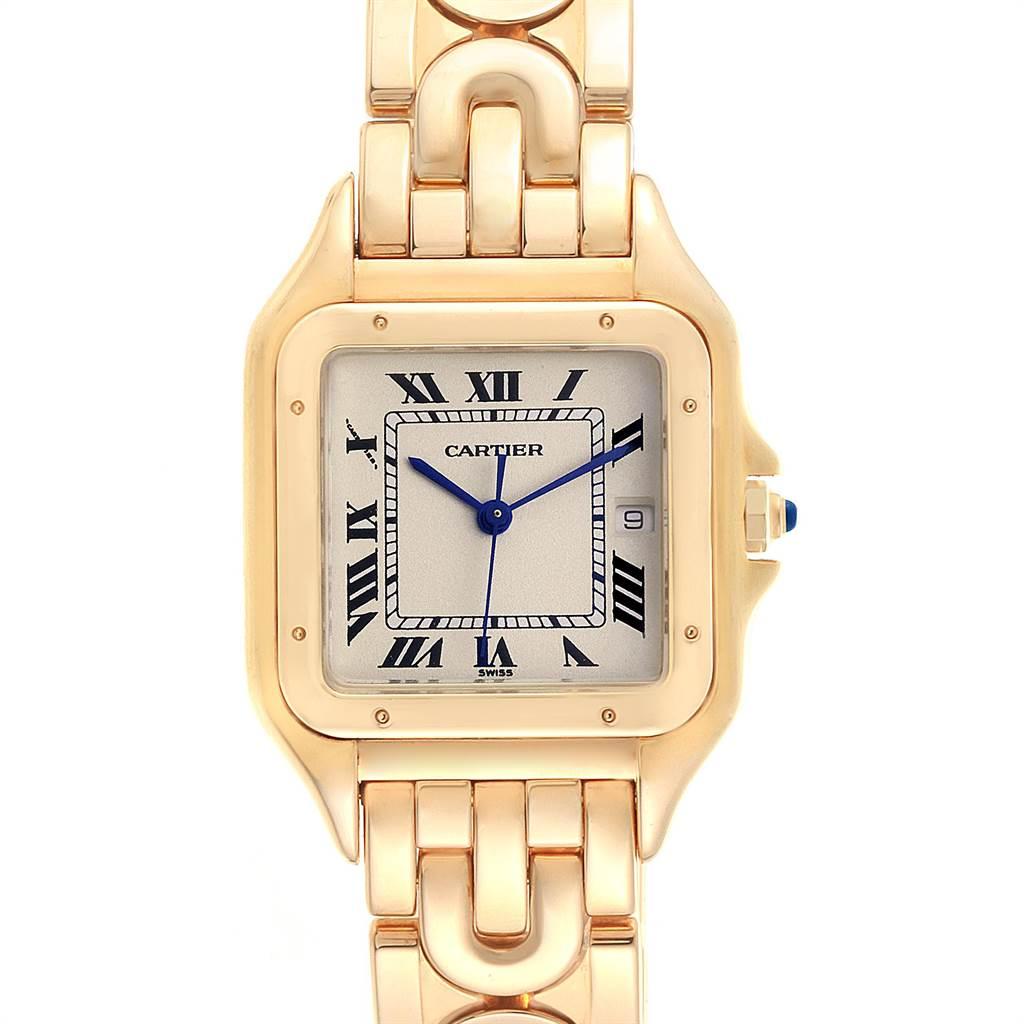 Cartier Panthere XL Art Deco Yellow Gold Mens Watch W25014B9. Quartz movement. 18k yellow gold case 29 x 29 mm. Octagonal crown set with the blue sapphire cabochon. 18k yellow gold polished fixed bezel, secured with 8 pins. Scratch resistant