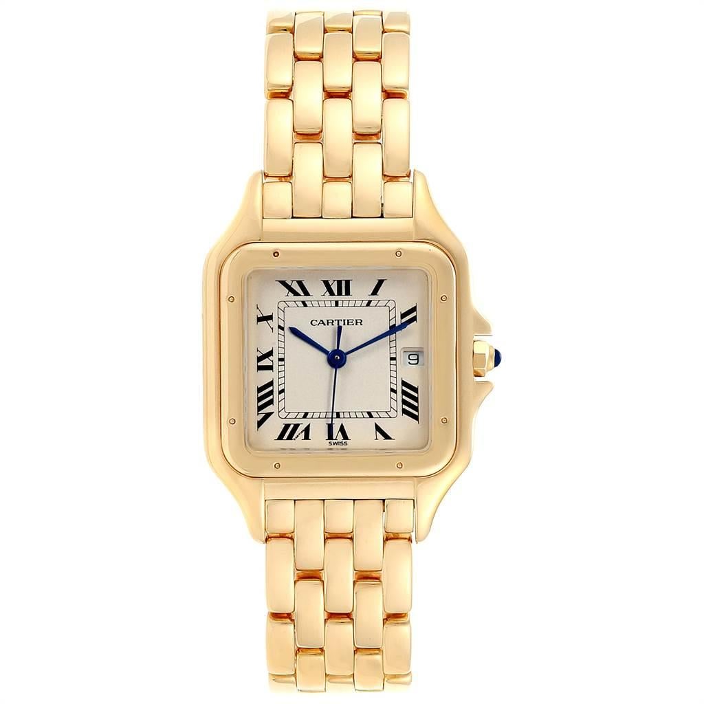 Cartier Panthere XL Blue Sapphire Yellow Gold Unisex Watch W25014B9. Quartz movement. 18k yellow gold case 29 x 29 mm. Octagonal crown set with the blue sapphire cabochon. 18k yellow gold polished fixed bezel, secured with 8 pins. Scratch resistant