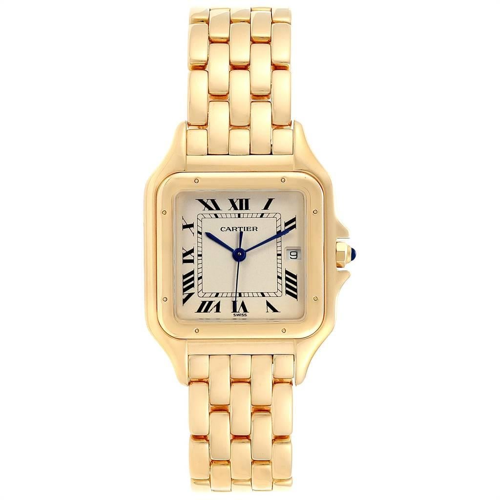 Cartier Panthere XL Blue Sapphire Yellow Gold Unisex Watch W25014B9. Quartz movement. 18k yellow gold case 29 x 29 mm. Octagonal crown set with the blue sapphire cabochon. 18k yellow gold polished fixed bezel, secured with 8 pins. Scratch resistant