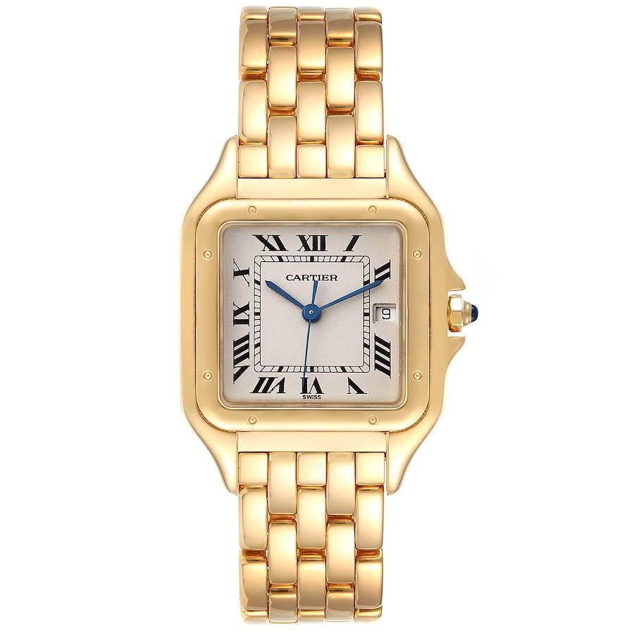 Cartier Panthere XL Blau Saphir Gelbgold Unisex-Uhr W25014B9. Quarzwerk. gehäuse aus 18k Gelbgold, 29 x 29 mm. Achteckige Krone mit einem blauen Saphir-Cabochon besetzt. polierte Lünette aus 18 Karat Gelbgold, mit 8 Stiften befestigt. Kratzfestes