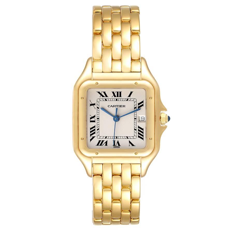 Cartier Panthere XL Silver Dial Yellow Gold Mens Watch W25014B9 Box Papers. Quartz movement. 18k yellow gold case 27 x 37 mm. Octagonal crown set with a blue spinel. 18k yellow gold polished bezel, secured with 8 pins. Scratch resistant sapphire