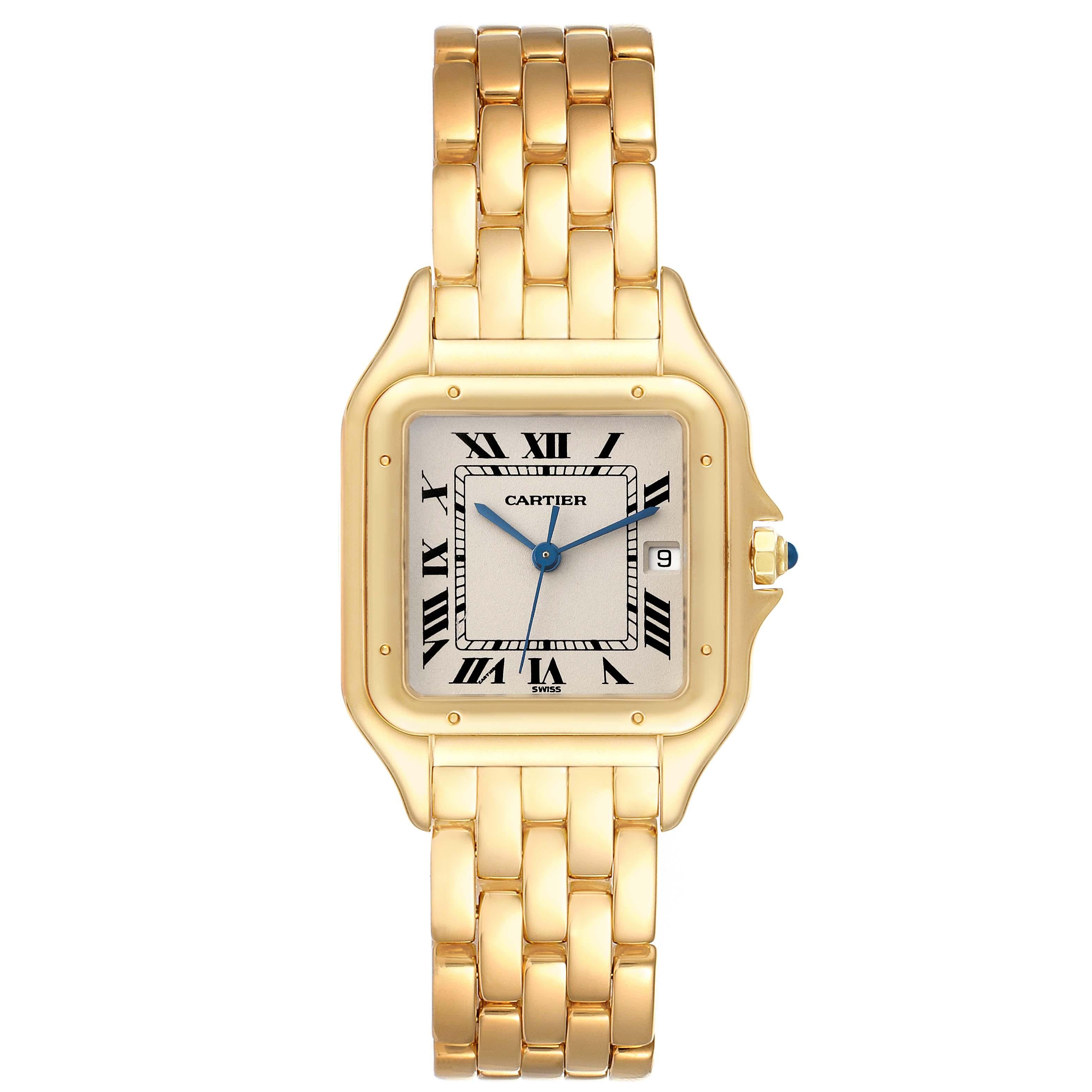 Cartier Panthere XL Yellow Gold Mens Watch W25014B9. Quartz movement. 18k yellow gold case 27 x 27 mm. Octagonal crown set with the blue sapphire cabochon. 18k yellow gold polished bezel, secured with 8 pins. Scratch resistant sapphire crystal.
