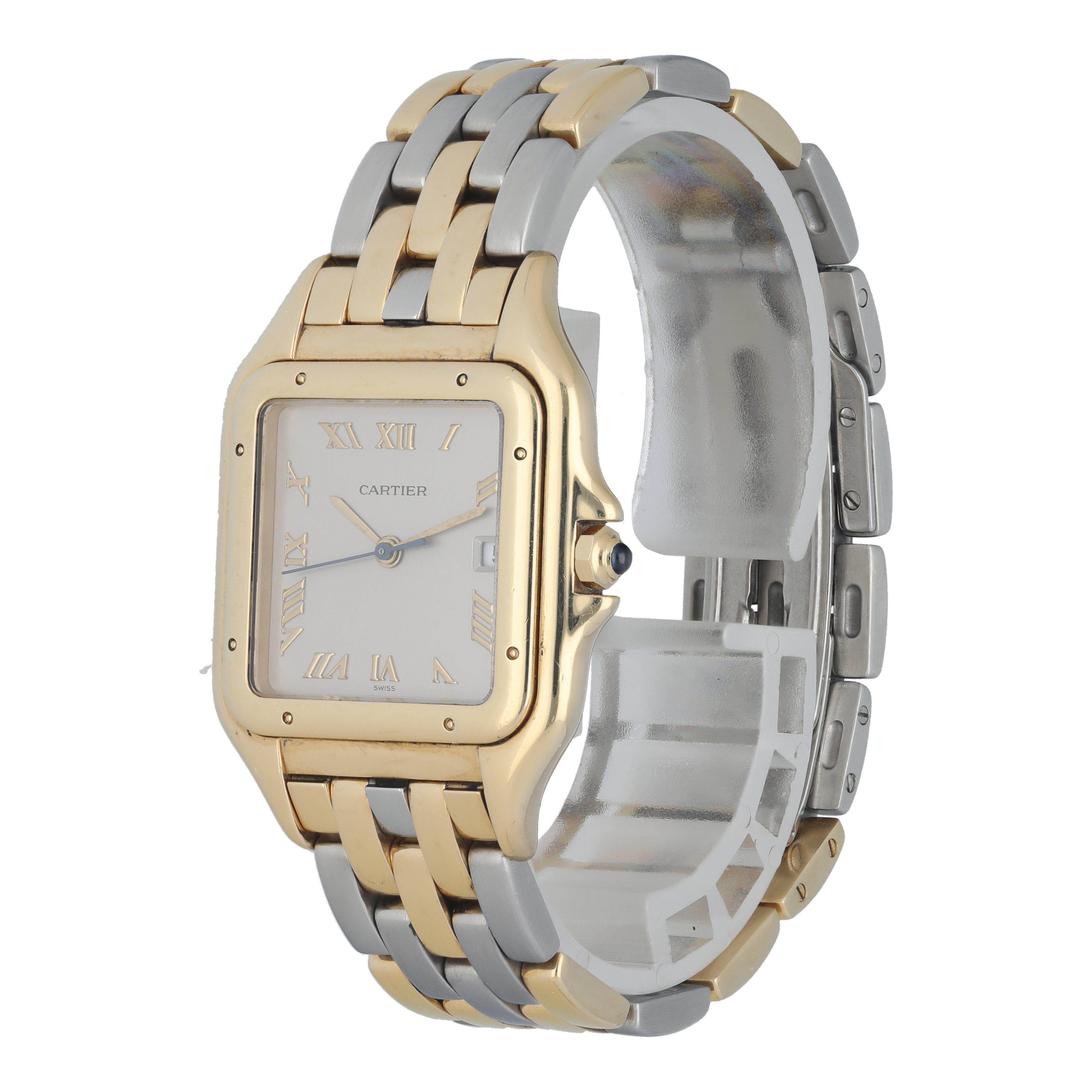  Cartier Panthere Large 1060 2 Two-tone Watch. 
 29mm 18k Yellow gold case and bezel. 
 Grey dial with Blue steel and yellow gold hands, gold Roman numeral hour markers. 
 Date display at the 3 o'clock position. 
 Two-tone Yellow Gold and stainless