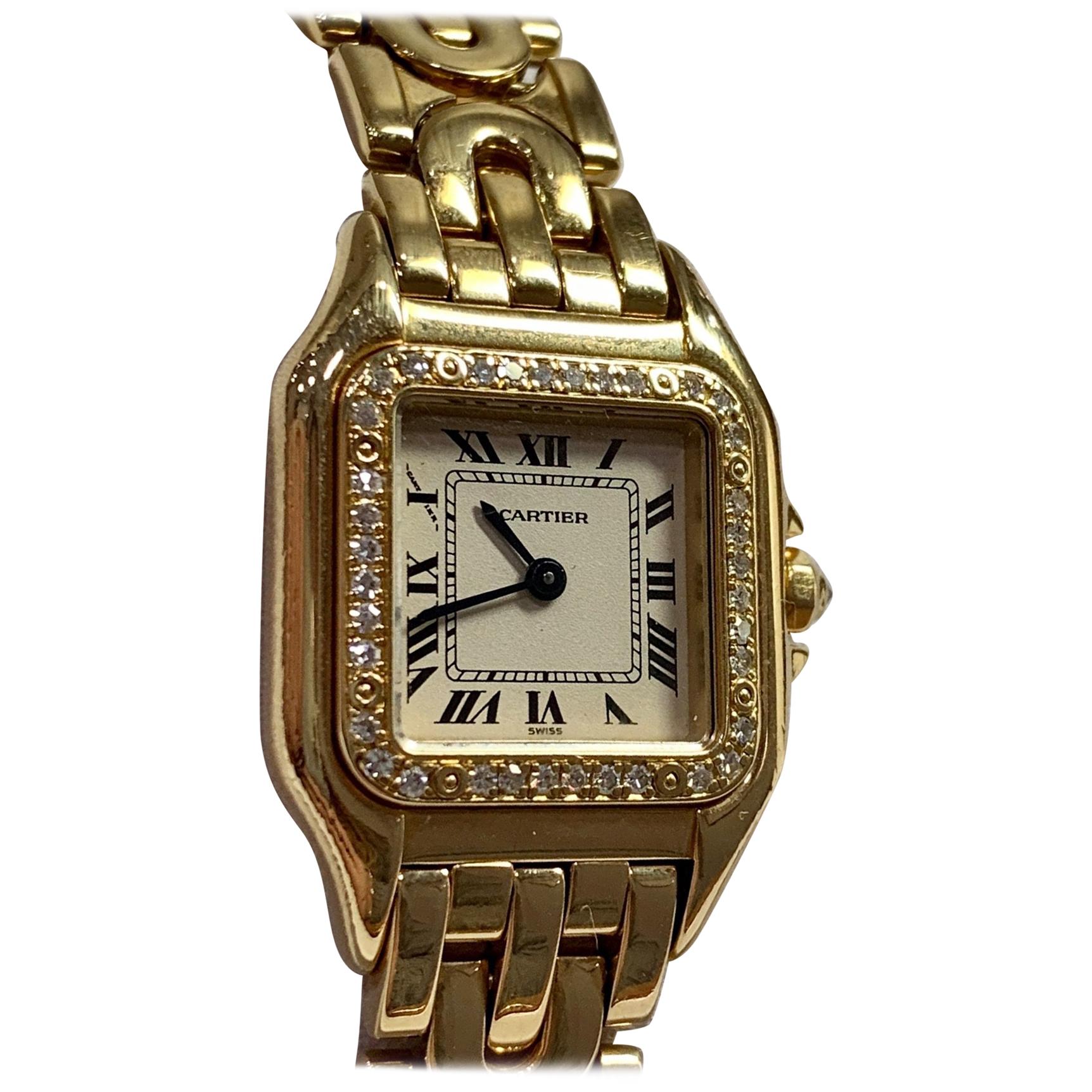 Cartier Panthere Yellow Gold Diamond Ladies Watch with Rare Strap
