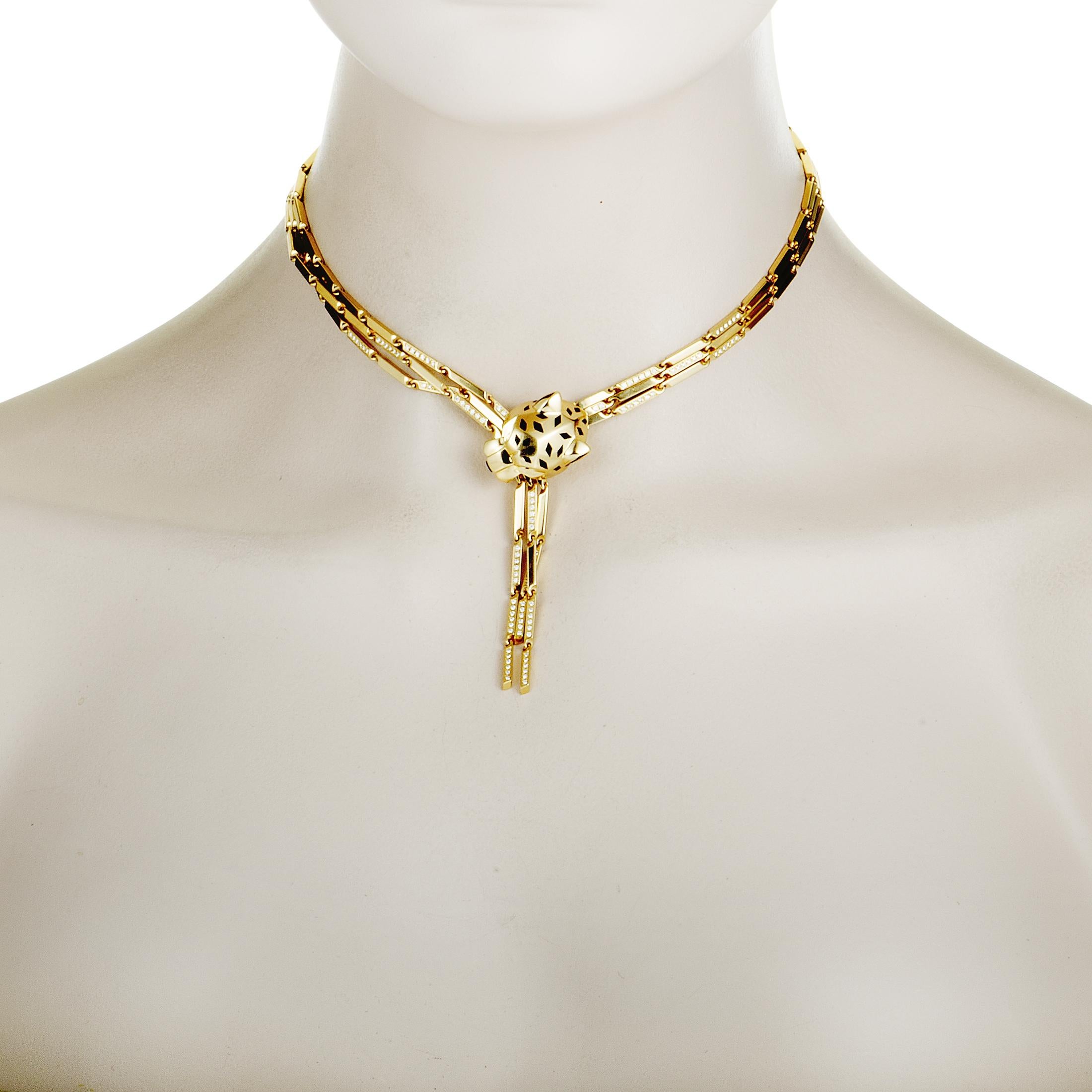 The iconic style of Cartier’s extraordinary “Panthère” collection is presented in radiant 18K yellow gold in this exquisite necklace that compels with its incredibly prestigious appeal. The necklace is luxuriously decorated with a plethora of