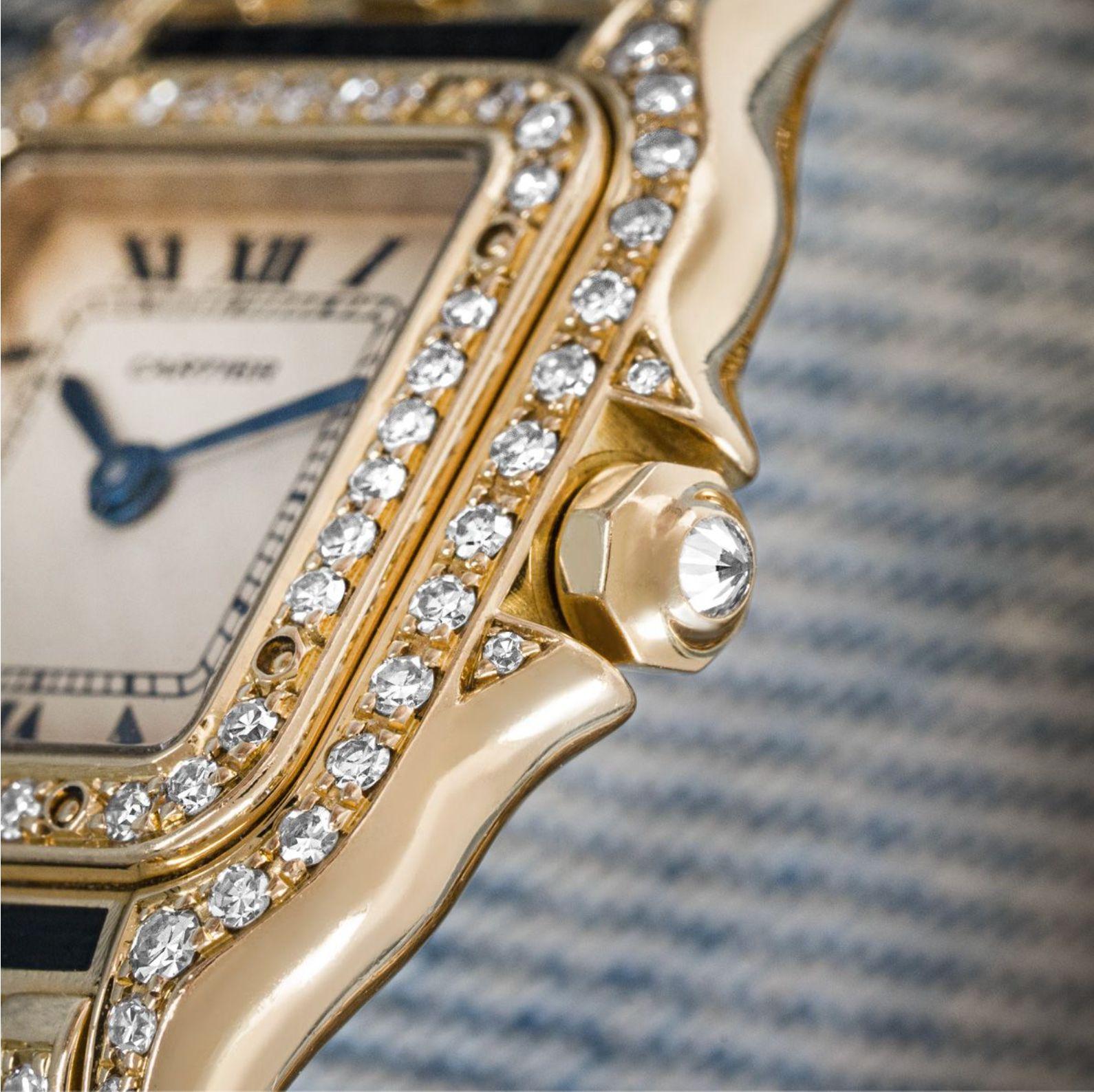 Cartier Panthere Gelbgold-Uhr mit Emaille und Diamantenbesatz (Rundschliff) im Angebot