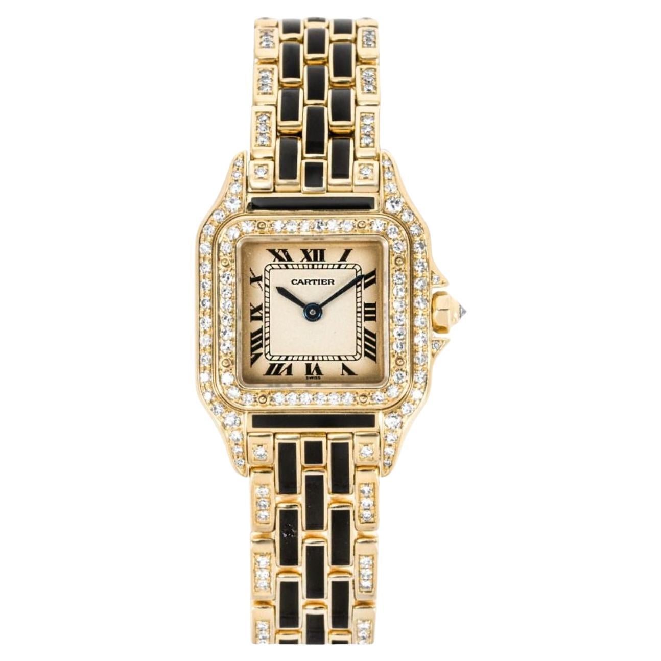 Cartier Panthere Gelbgold-Uhr mit Emaille und Diamantenbesatz im Angebot