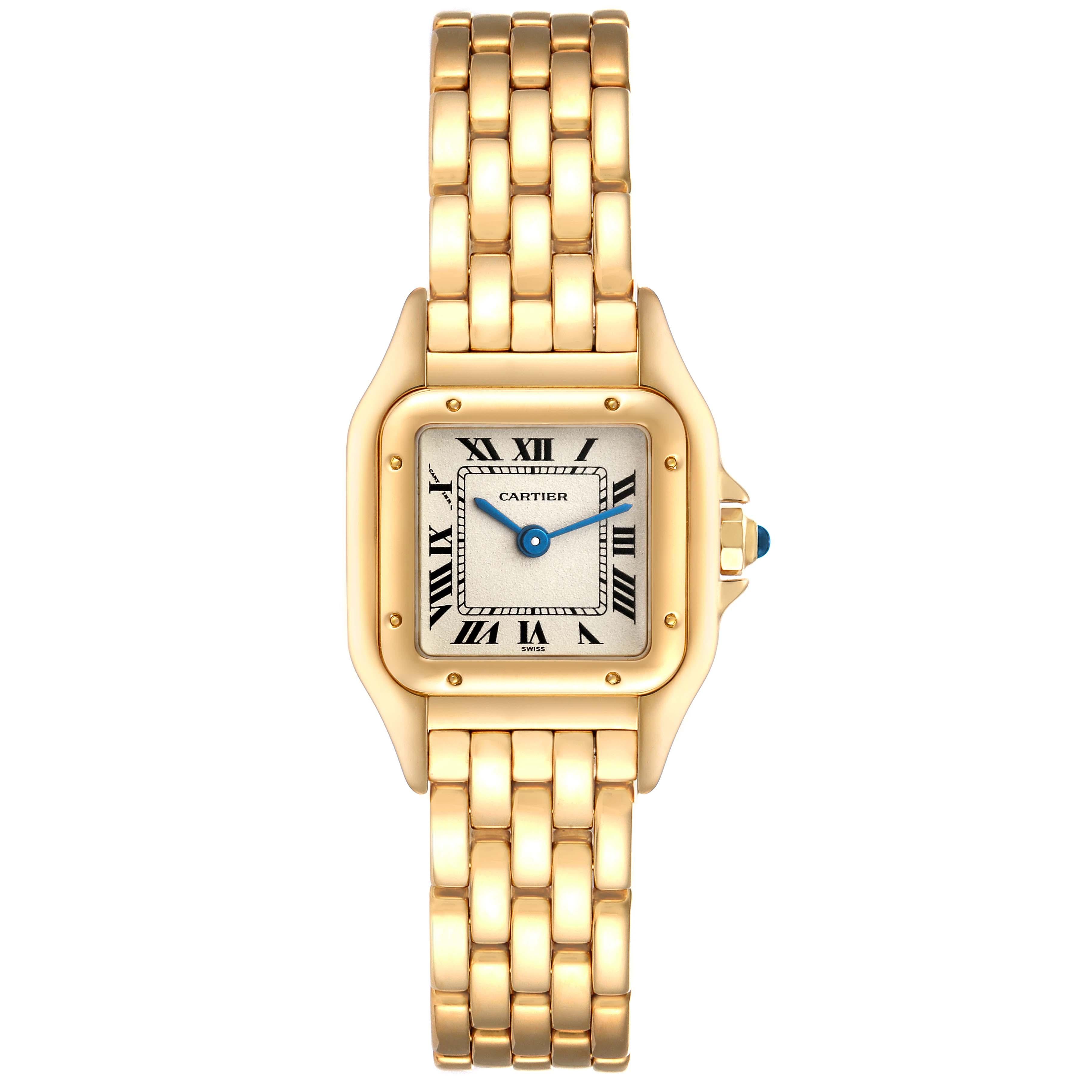 Cartier Panthere Yellow Gold Ladies Watch 107000. Quartz movement. 18k yellow gold case 22.0 x 22.0 mm (28.0 including the lugs). Octagonal crown set with blue sapphire cabochon. 18k yellow gold polished bezel, secured with 8 pins. Scratch resistant