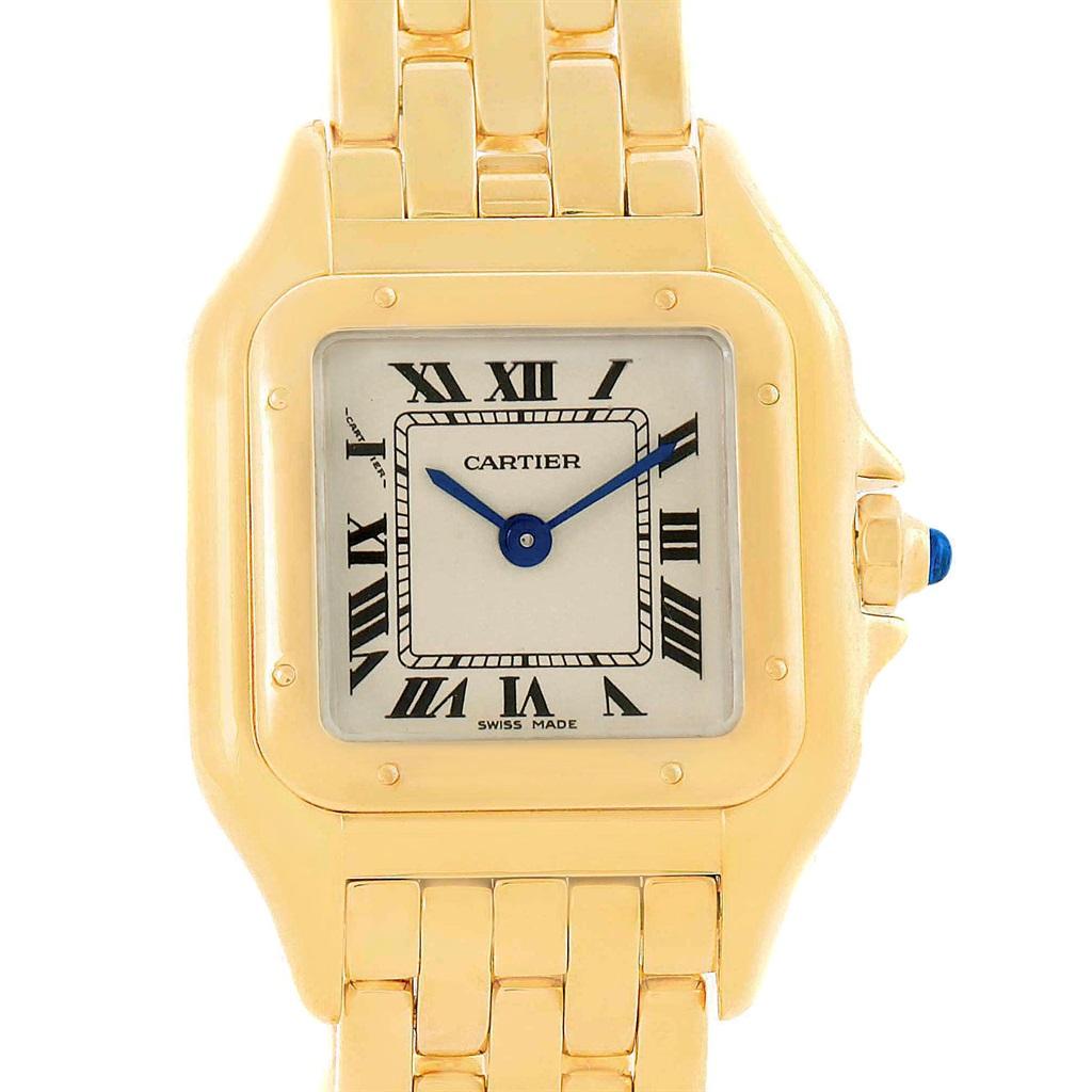 Cartier Panthere Yellow Gold Small Quartz Ladies Watch W25022B9. Quartz movement. 18k yellow gold case 22 x 22 mm (28.0 including the lugs). Octagonal crown set with the blue sapphire cabochon. 18k yellow gold polished fixed bezel, secured with 8