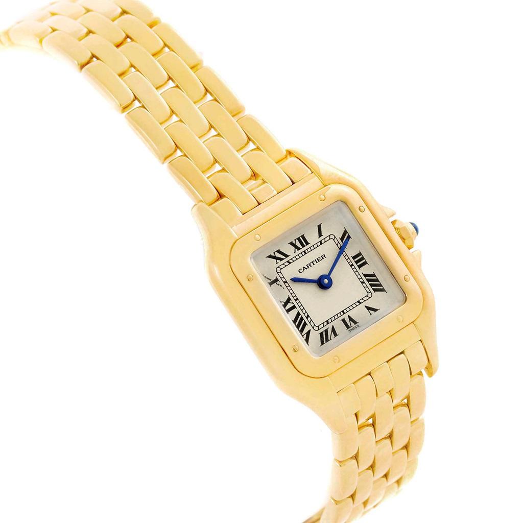 Cartier Panthere Yellow Gold Small Quartz Ladies Watch W25022B9. Quartz movement. 18k yellow gold case 22 x 22 mm (28.0 including the lugs). Octagonal crown set with the blue sapphire cabochon. 18k yellow gold polished fixed bezel, secured with 8