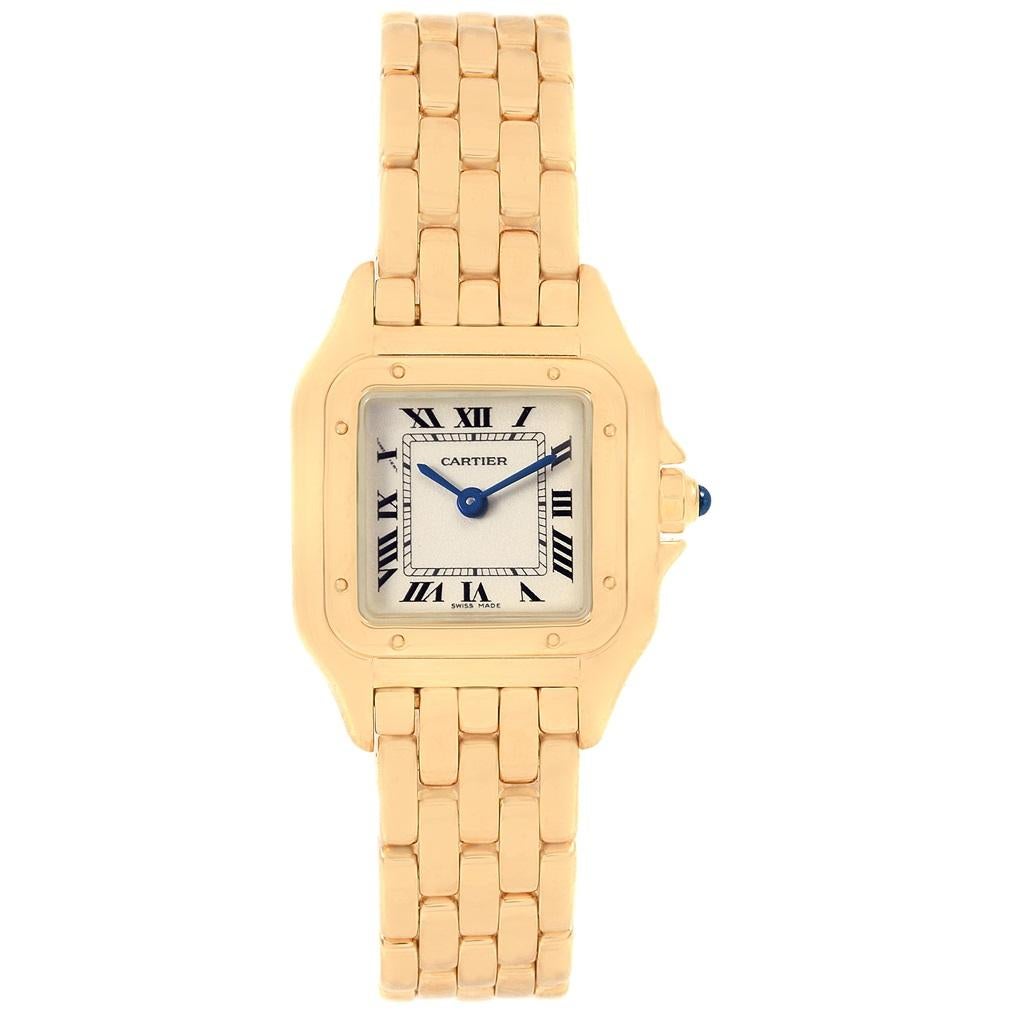 Cartier Panthere Yellow Gold Small Quartz Ladies Watch W25022B9. Quartz movement. 18k yellow gold case 22 x 22 mm (28.0 including the lugs). Octagonal crown set with the blue sapphire cabochon. 18k yellow gold polished fixed bezel, secured with 8