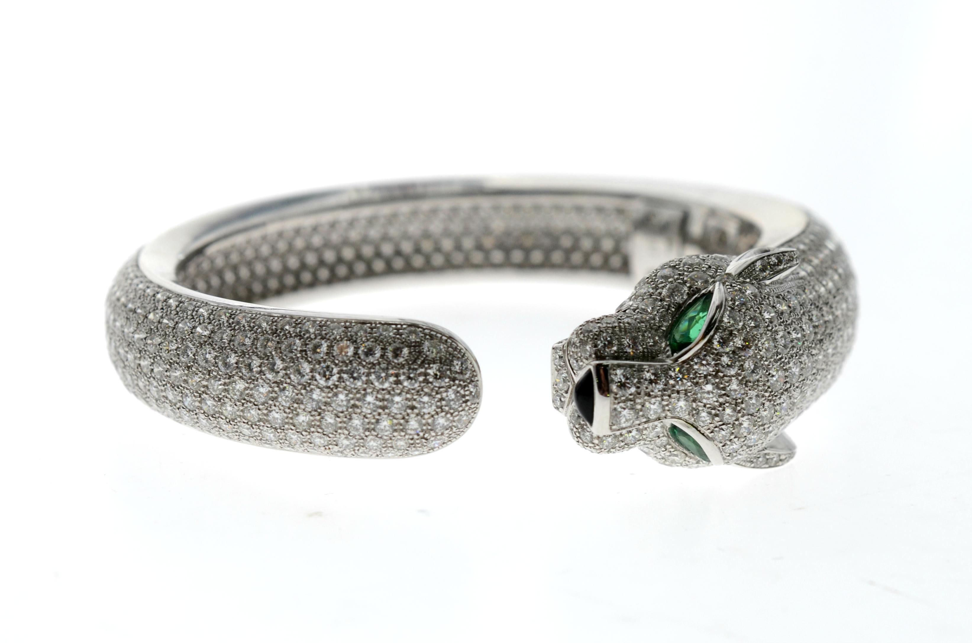 Contemporary Cartier Panthre De Bracelet Pave Diamonds and Emeralds