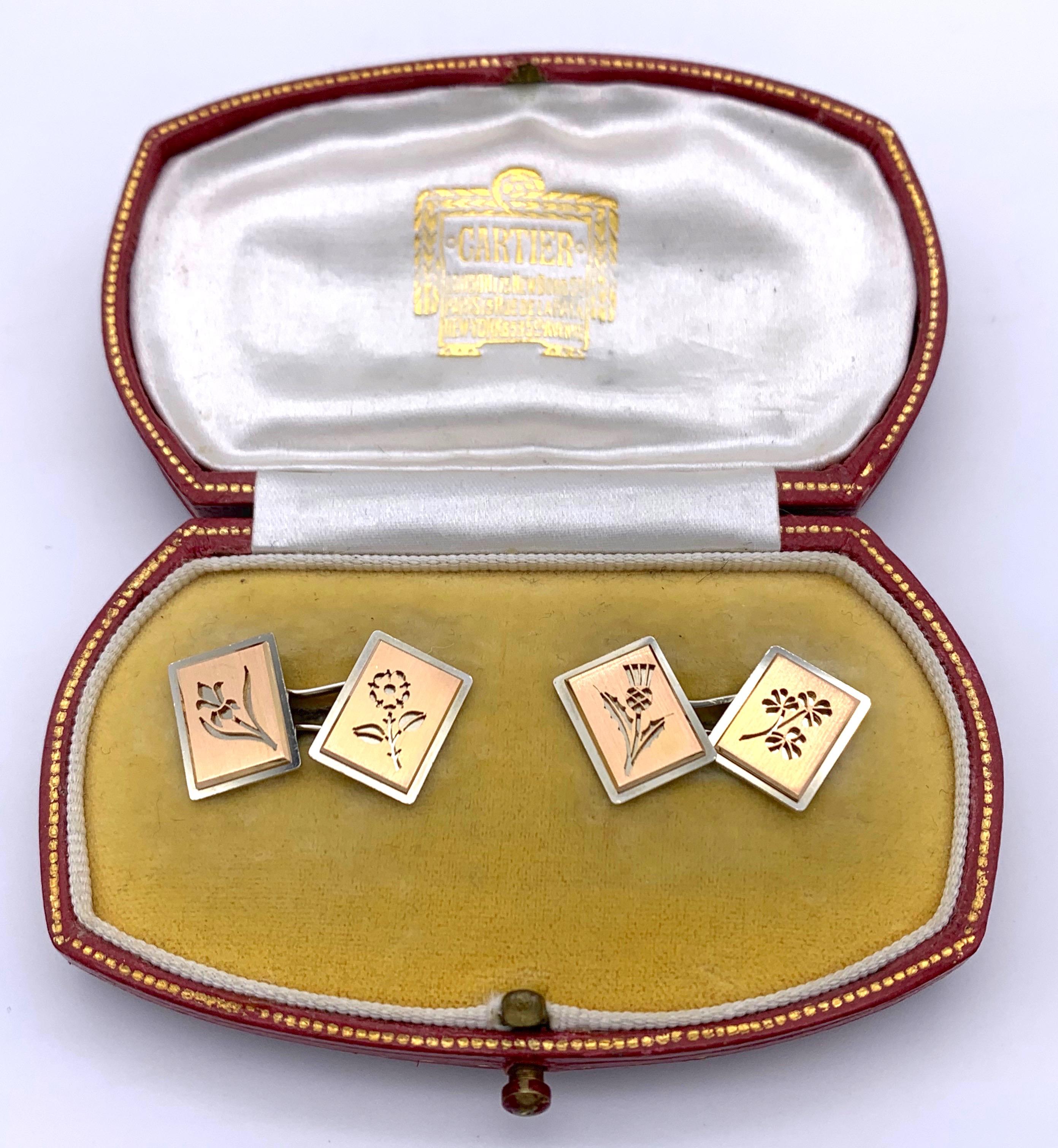 Highly attractive pair of rose and white gold cufflinks made around 1960 by Cartier Paris. 
The four red gold plates with bevelled edges feature four different silhouettes of flowers representing the United Kingdom of Great Britain. The thistle