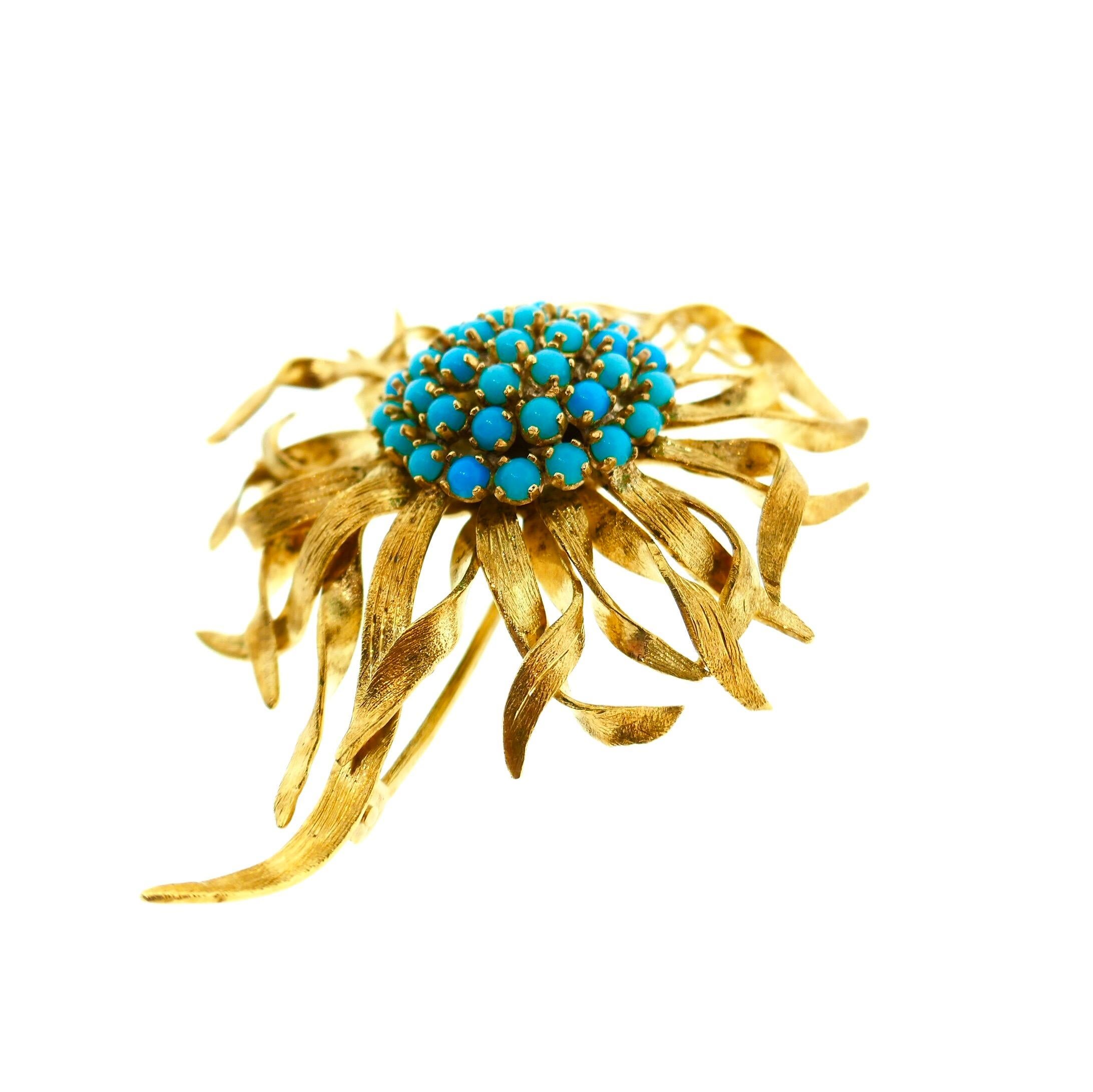 Cartier Paris 18 Karat Yellow Gold Turquoise Flower Brooch and Earrings Set 9