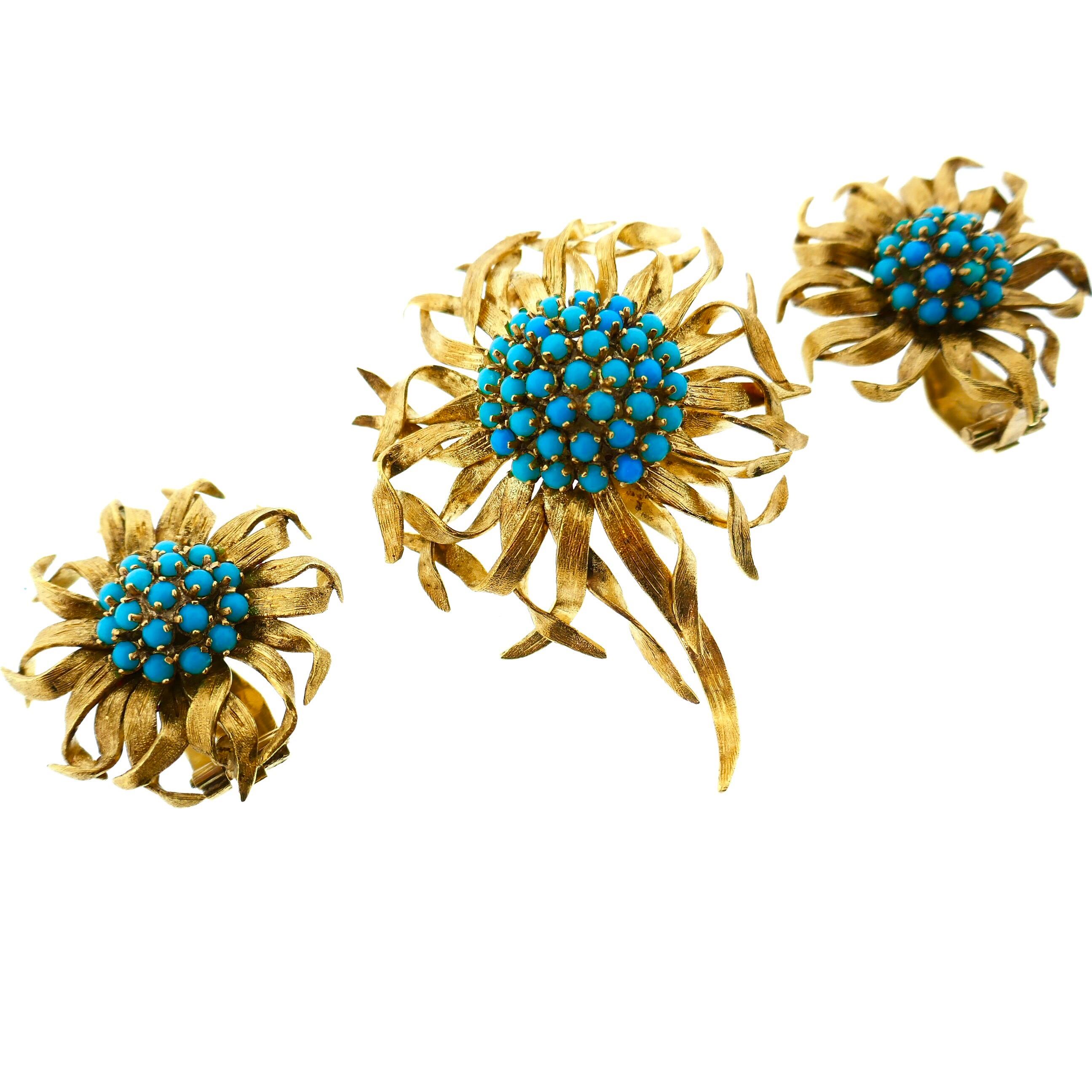 Cartier Paris 18 Karat Yellow Gold Turquoise Flower Brooch and Earrings Set In Good Condition In Beverly Hills, CA
