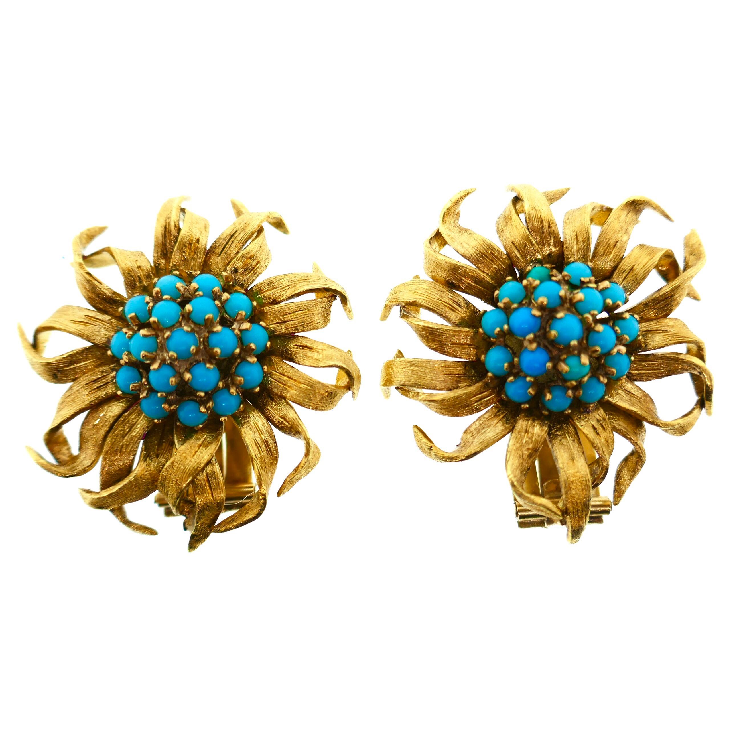 Cartier Paris 18 Karat Yellow Gold Turquoise Flower Brooch and Earrings Set 1