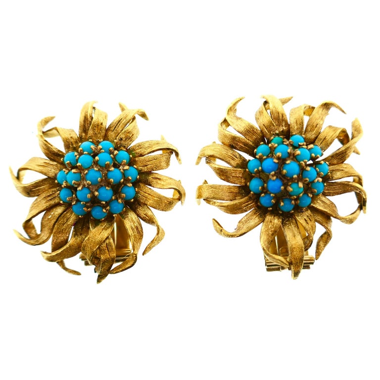 Cartier Paris 18 Karat Yellow Gold Turquoise Flower Brooch and Earrings ...