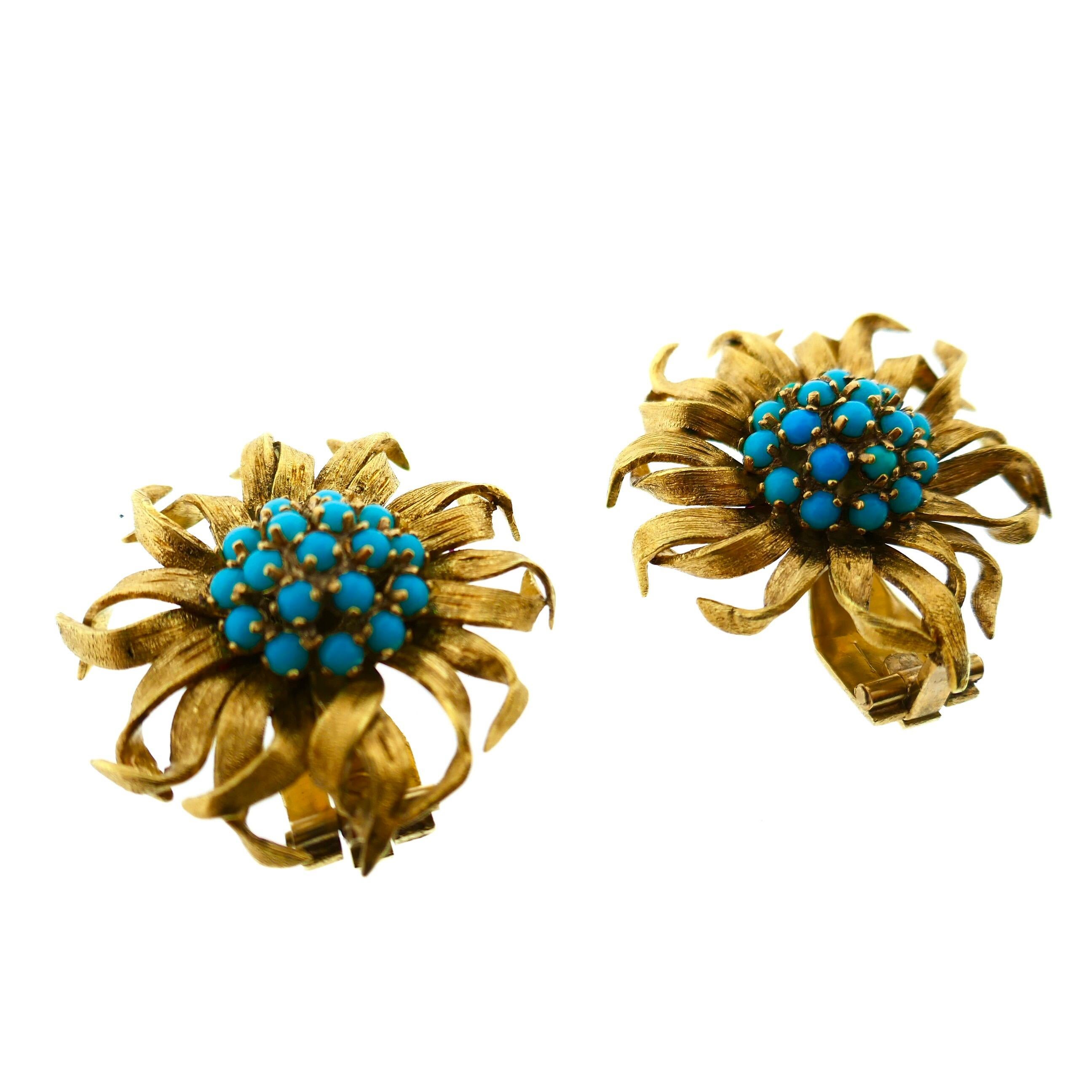 Cartier Paris 18 Karat Yellow Gold Turquoise Flower Brooch and Earrings Set 2