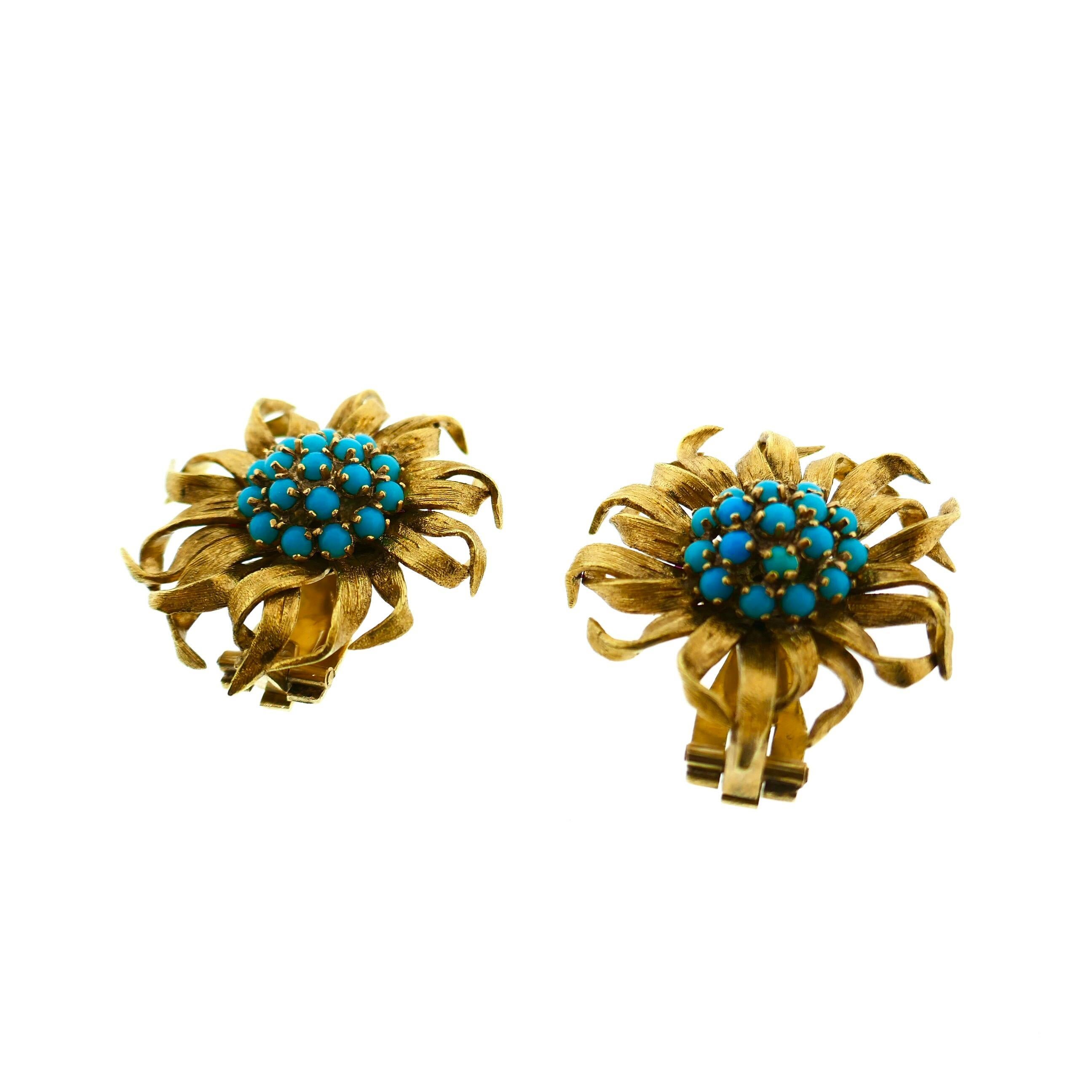 Cartier Paris 18 Karat Yellow Gold Turquoise Flower Brooch and Earrings Set 3