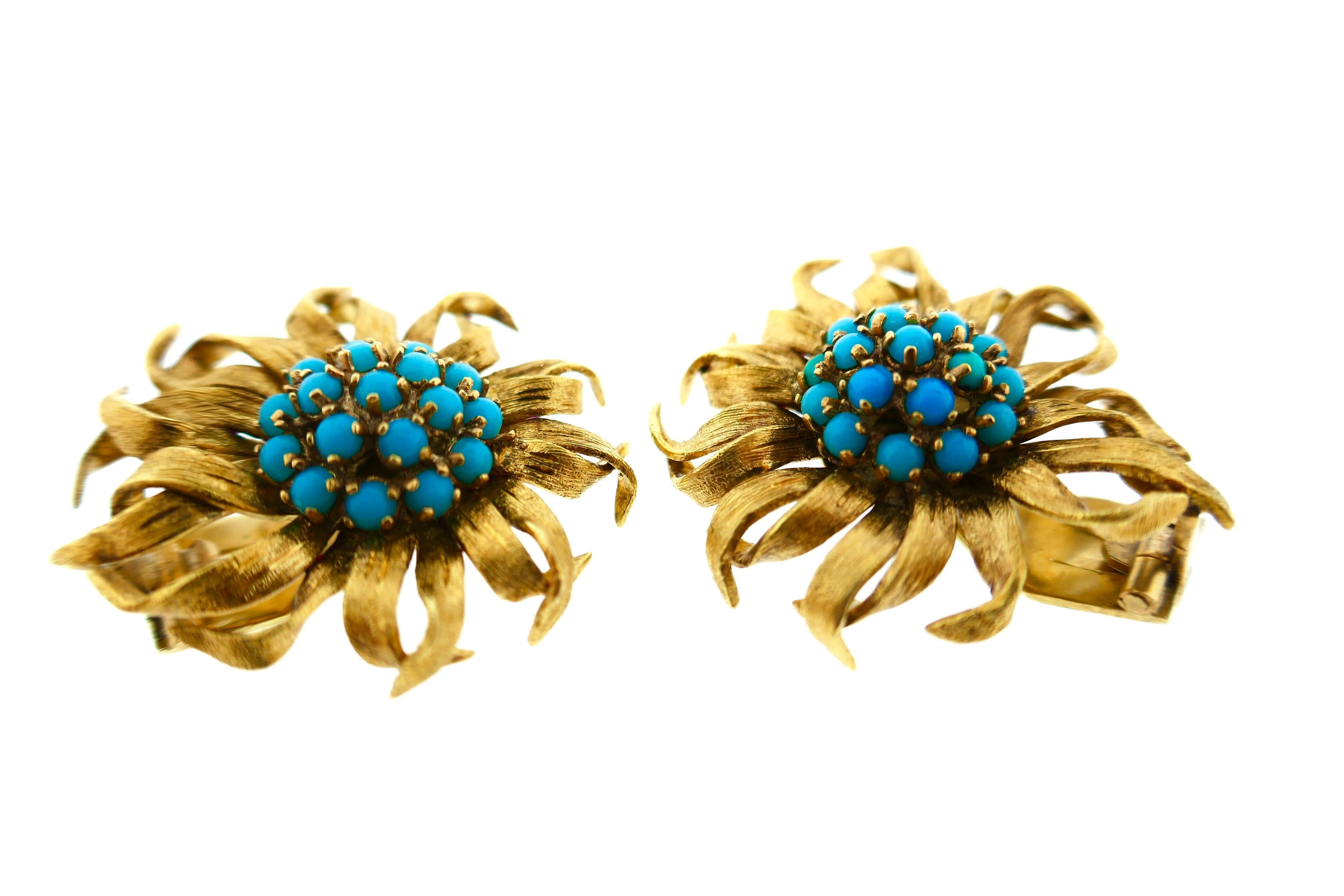 Cartier Paris 18 Karat Yellow Gold Turquoise Flower Brooch and Earrings Set 4