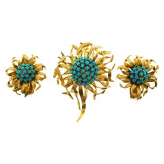 Cartier Paris 18 Karat Yellow Gold Turquoise Flower Brooch and Earrings Set