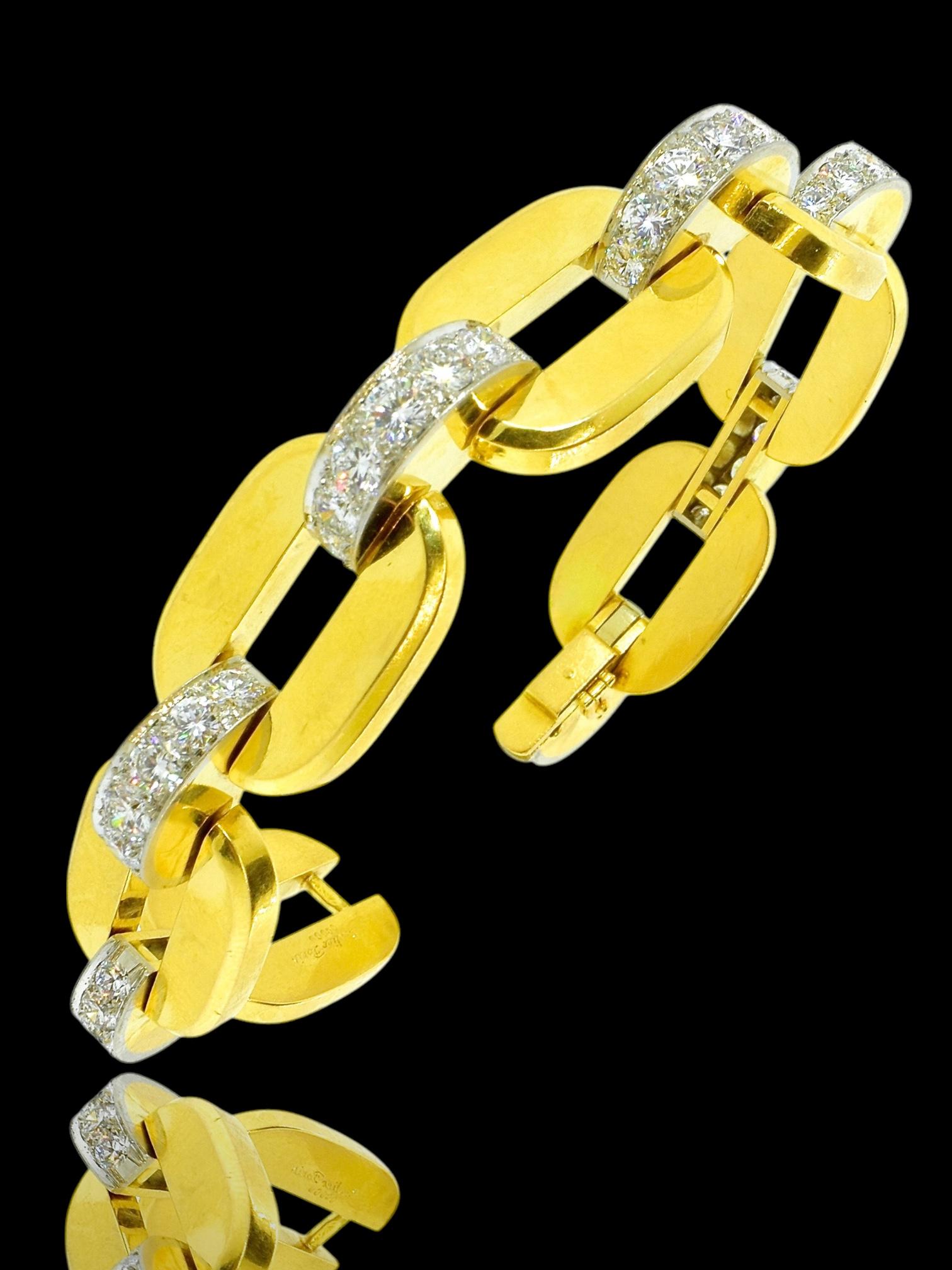 Cartier Paris 18K, platinum and diamond bracelet, c. 1938. There are 49 diamonds set in platinum in this seven link bracelet. The total estimated weight of the old European cut diamonds is 8.25 cts., with an approximate color grade of G, with a